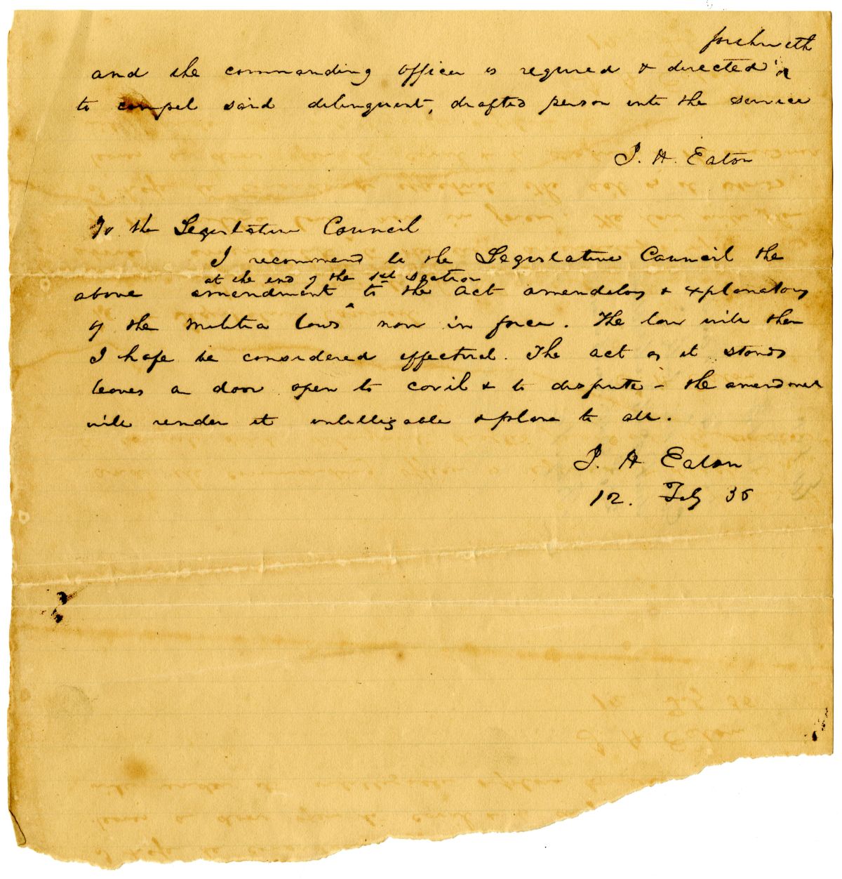 Letter from Governor John Eaton to the Territorial Legislative Council Recommending an Amendment to an Act, 1836