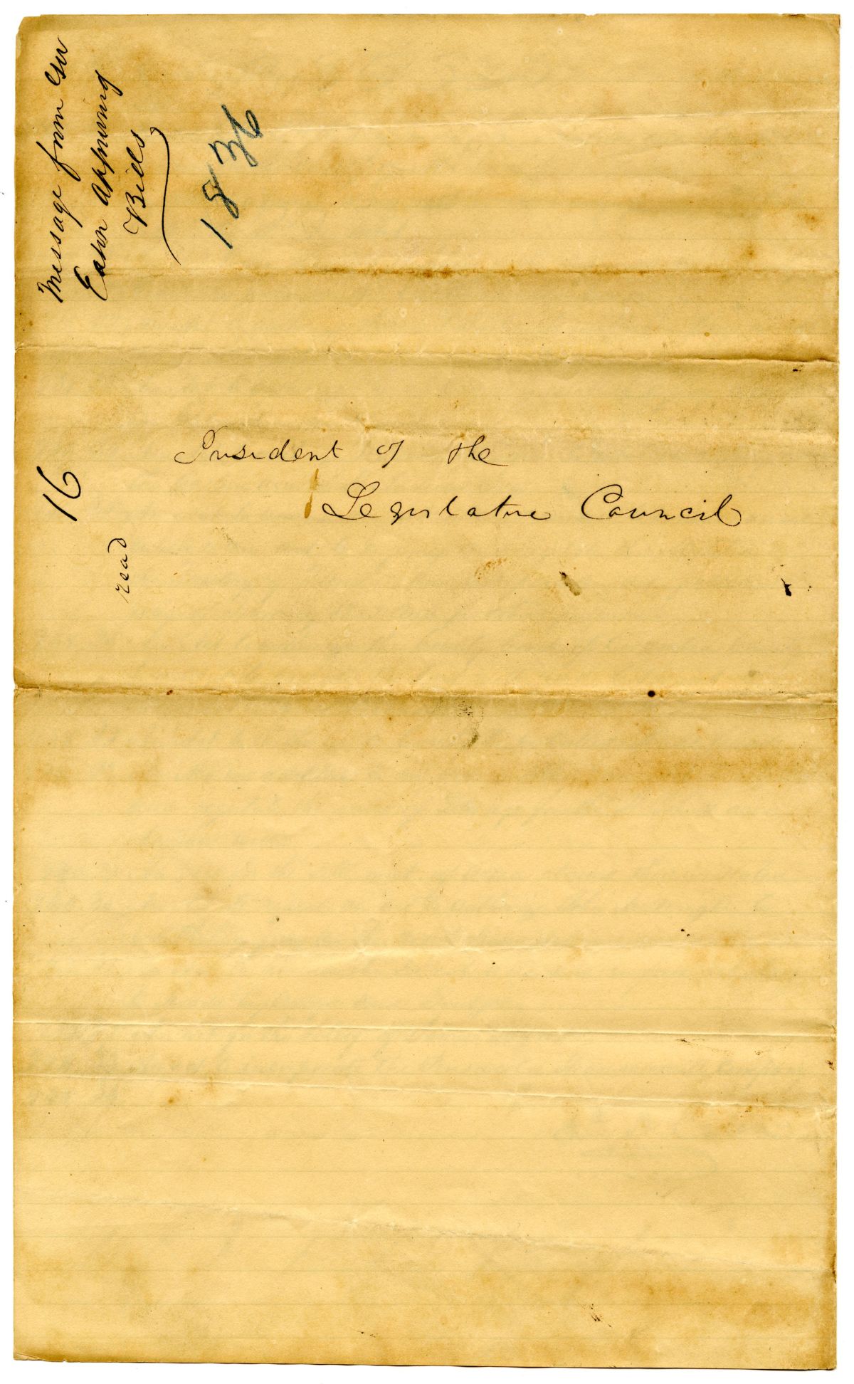 Letter from Governor John Eaton to the Territorial Legislative Council Providing a List of Signed Bills, circa 1836