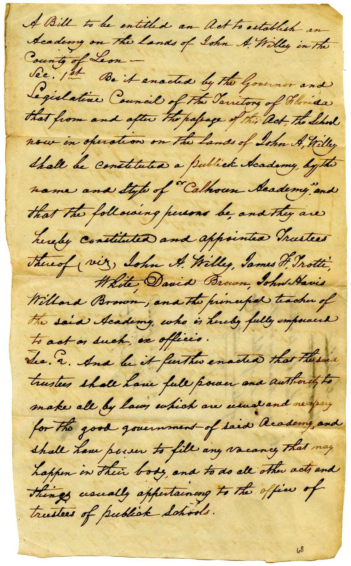 Draft of an Act to Establish an Academy on the Lands of John A. Willey of Leon County, 1836