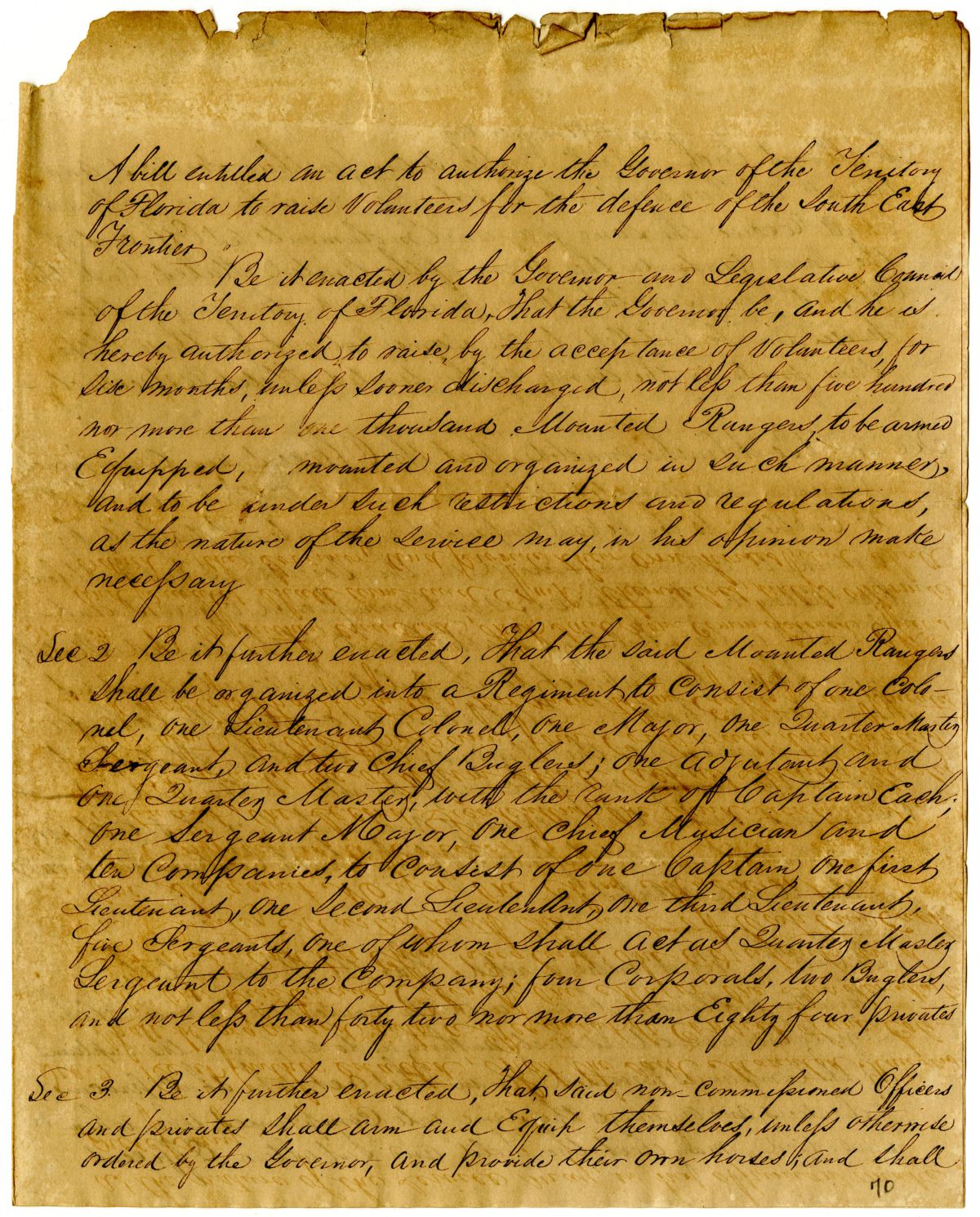 Draft of an Act to Authorize the Governor to Raise Volunteers for the Defense of the Southeastern Frontier, circa 1837