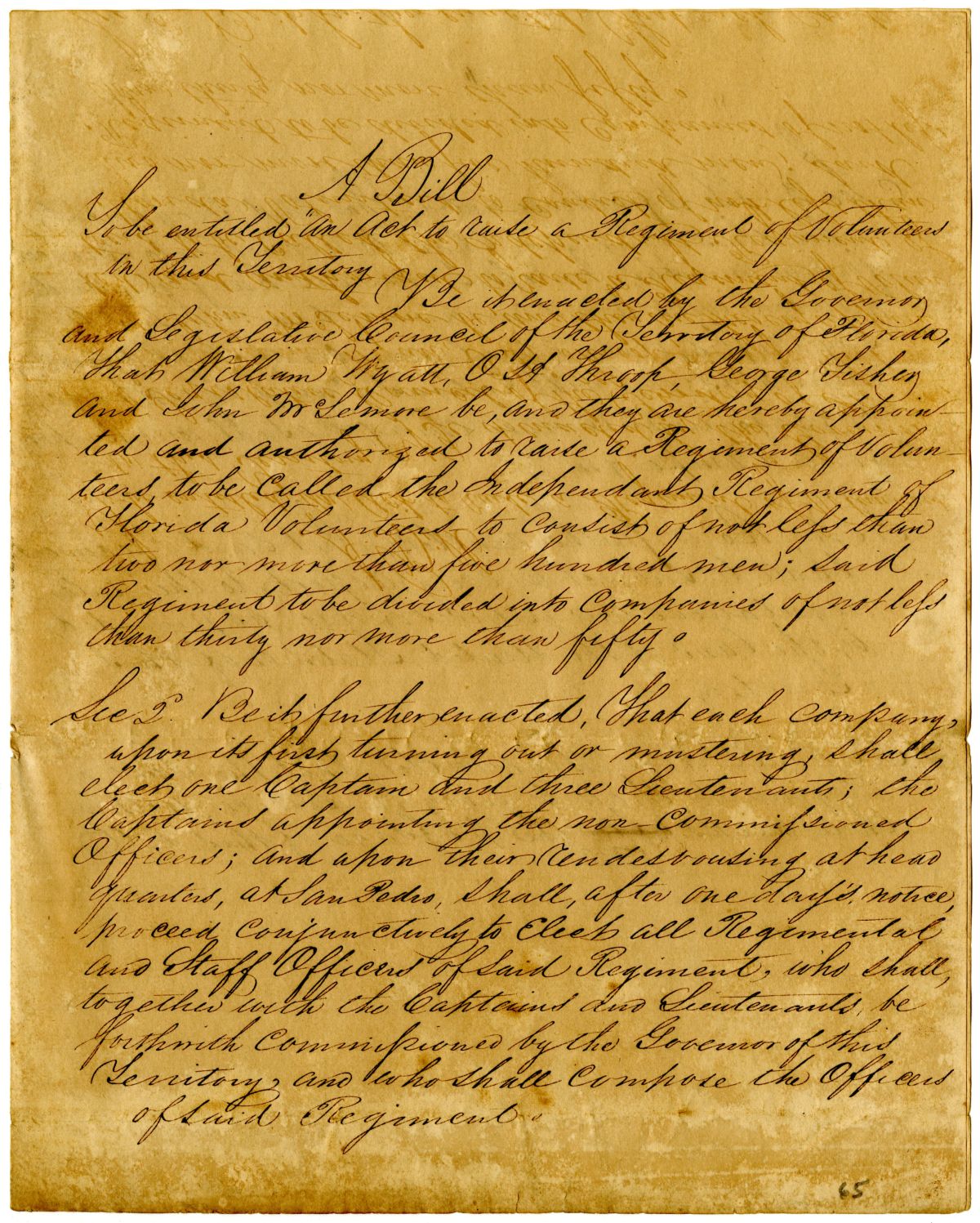 Draft of an Act to Raise a Regiment of Volunteers in the Territory, circa 1836