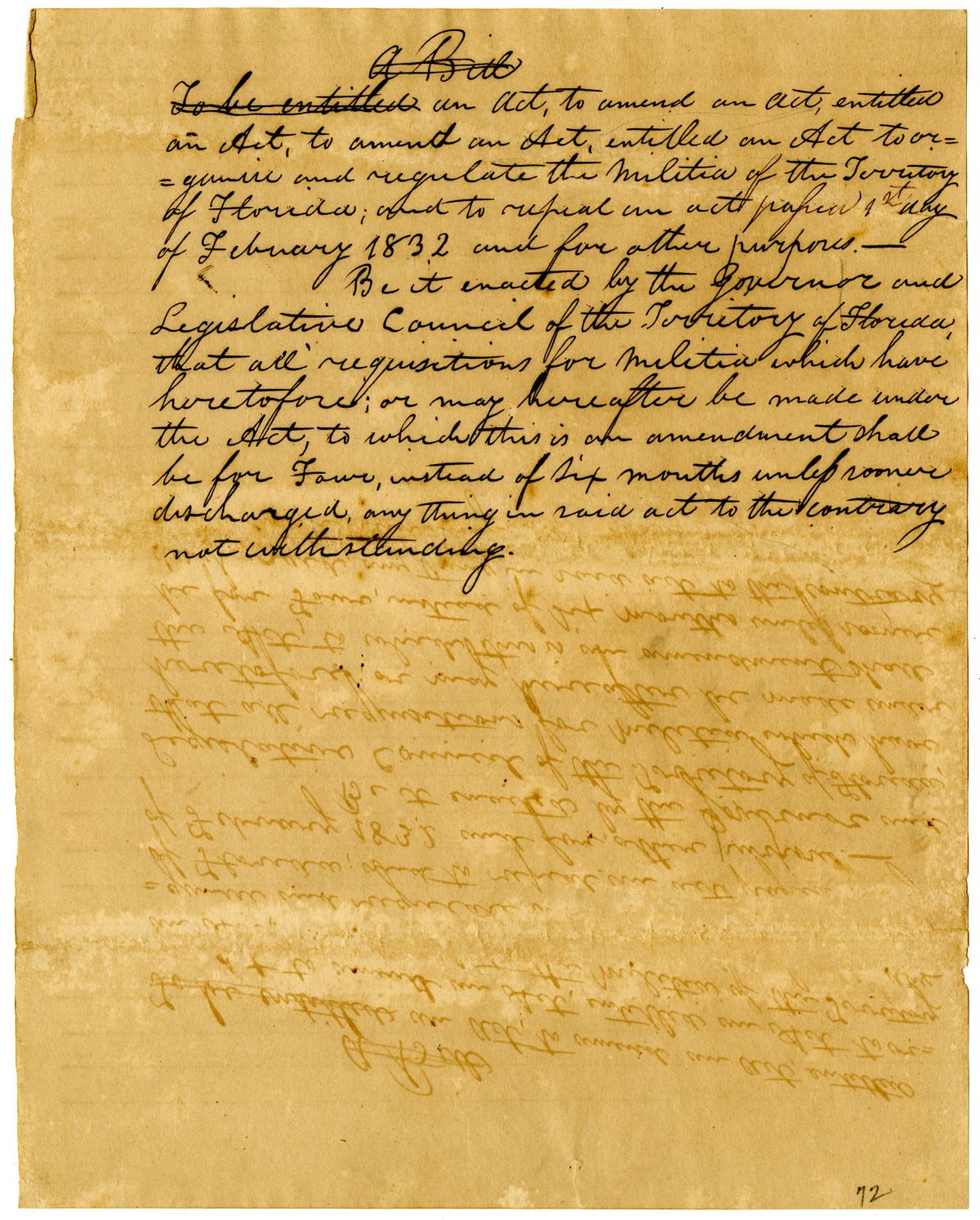 Draft of an Act to Amend an Act to Organize and Regulate the Militia of the Territory of Florida, 1836