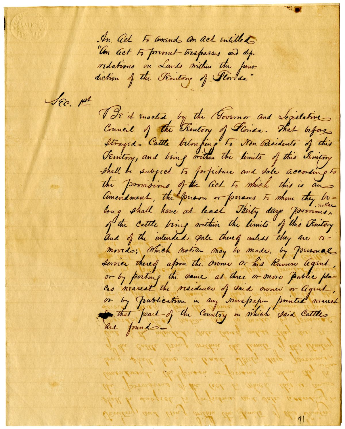 Draft of an Act to Amend an Act to Prevent Trespasses and Depredations on Lands in the Territory of Florida, 1836