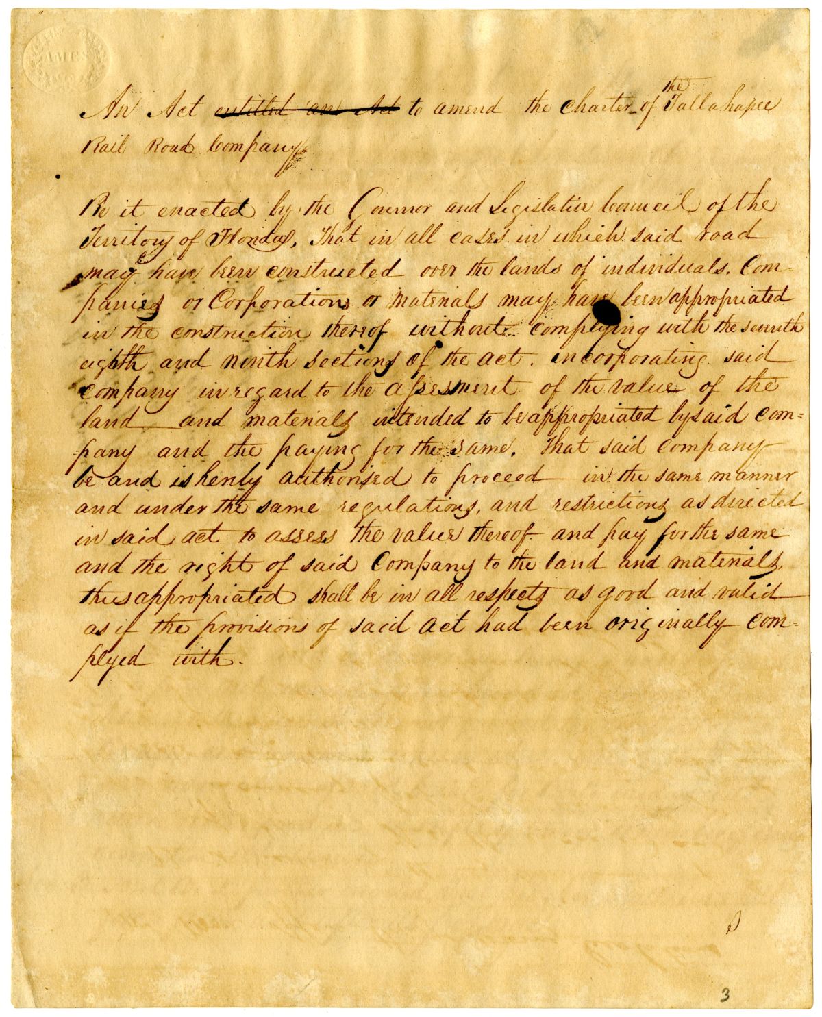 Draft of an Act to Amend the Charter of the Tallahassee Railroad Company, 1837