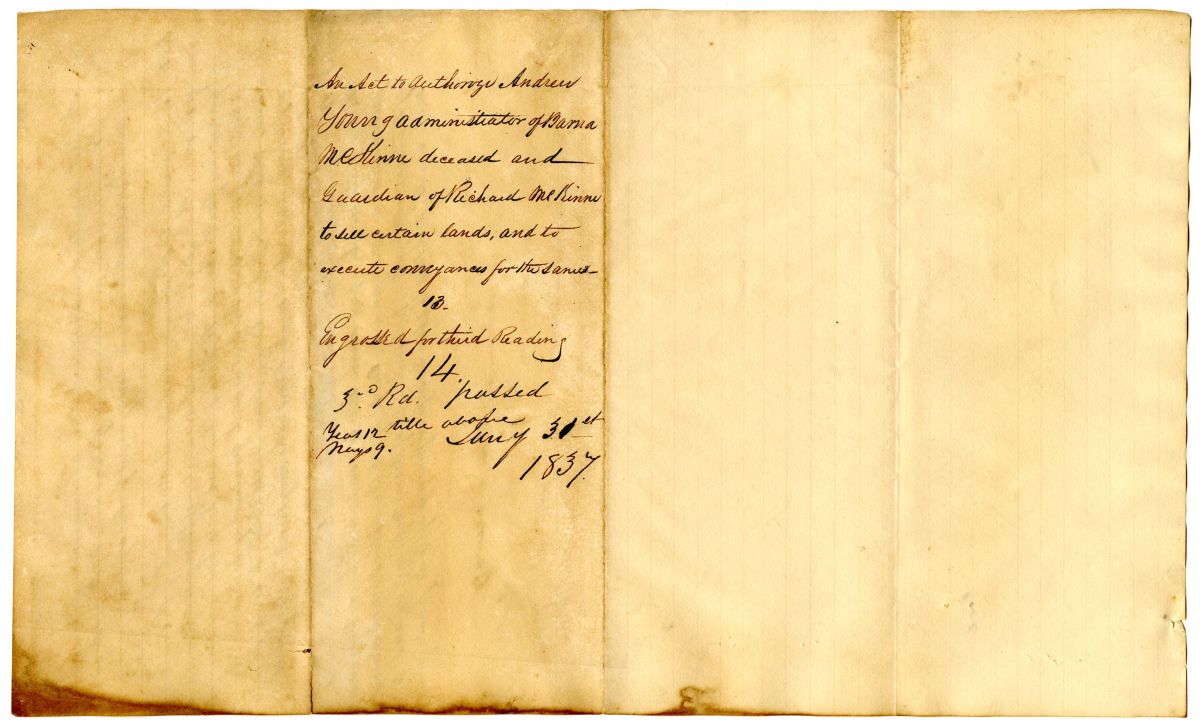 Draft of an Act to Authorize Andrew Young to Sell Land Belonging to the Estate of Barna McKinne, 1837