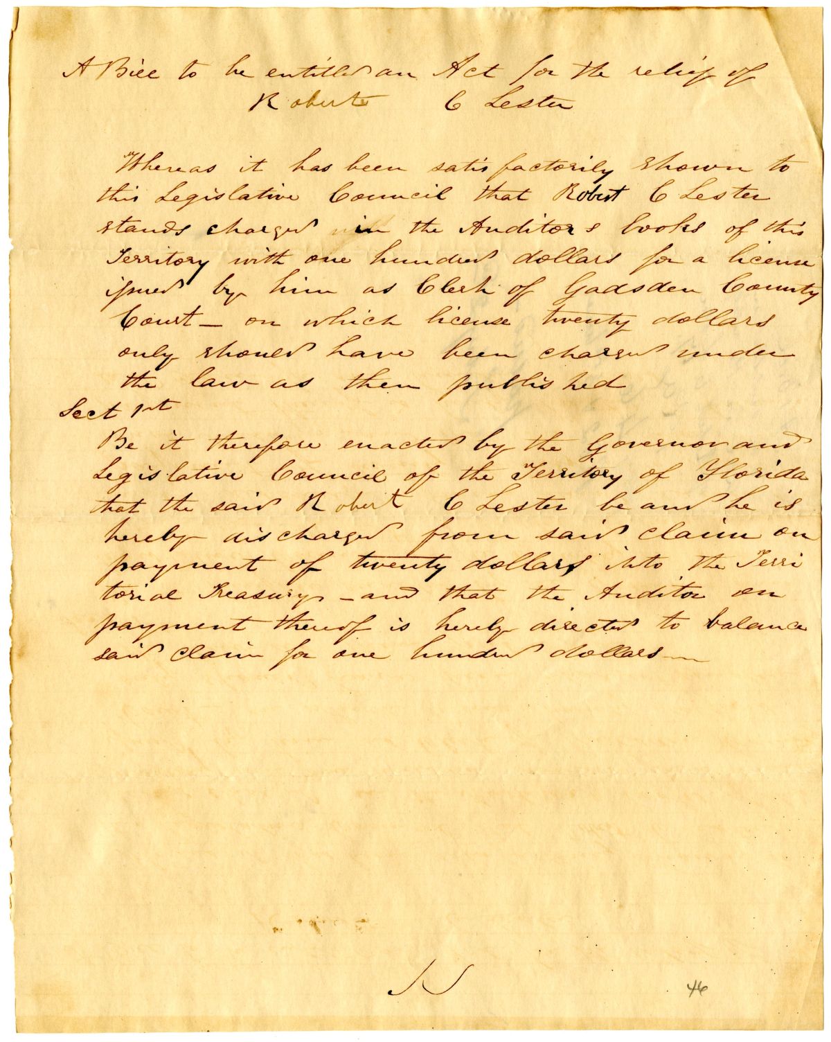 Draft of an Act for the Relief of Robert C. Lester, 1838