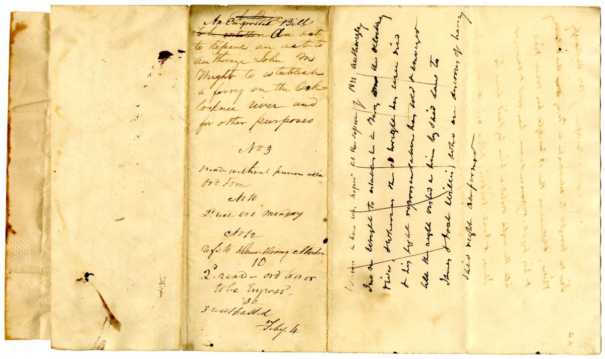 Draft of an Act to Repeal an Act to Authorize John M. Wright to Establish a Ferry on the Ochlockonee River, 1836