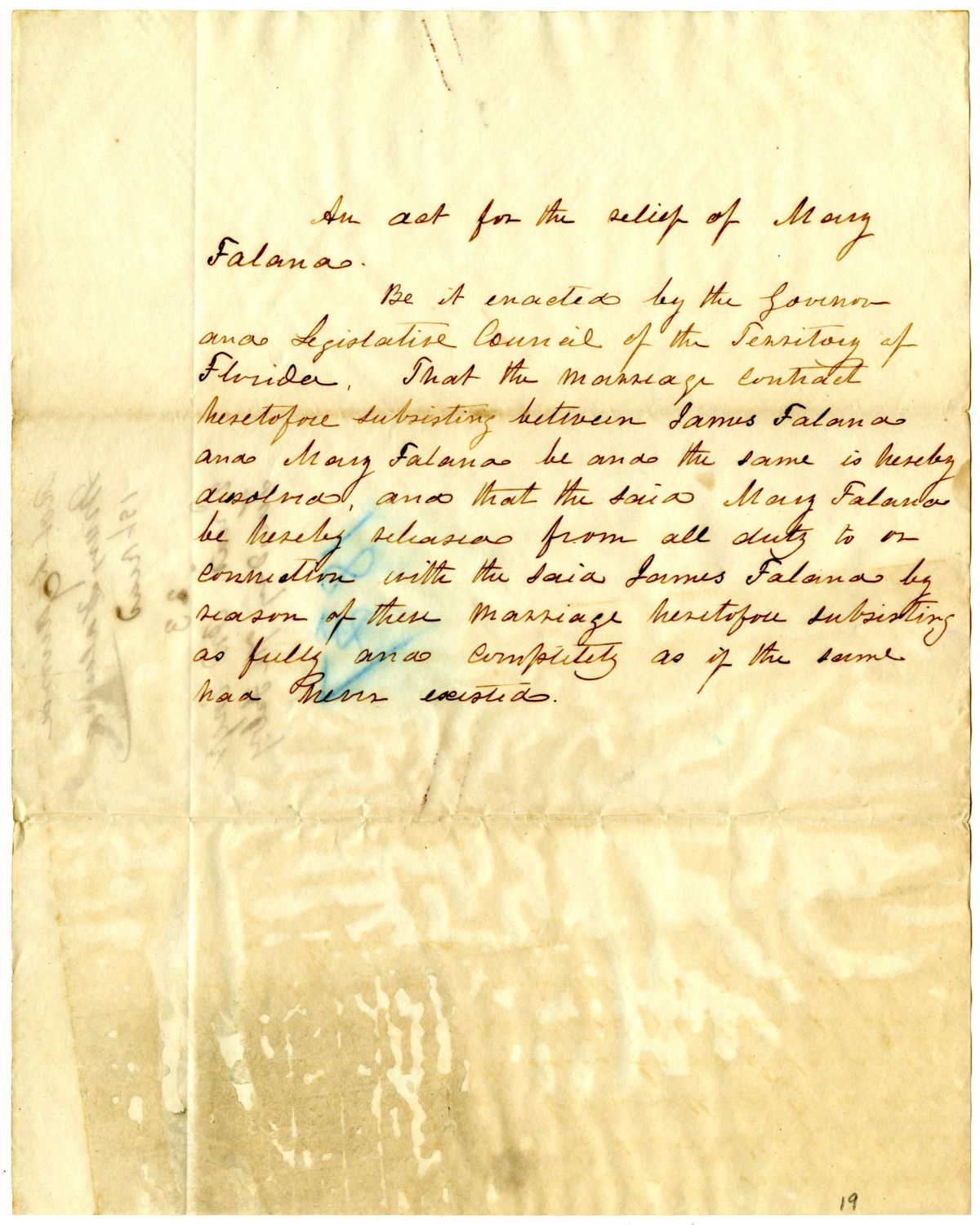 Two Drafts of Acts for the Relief of Mary Falana, 1837