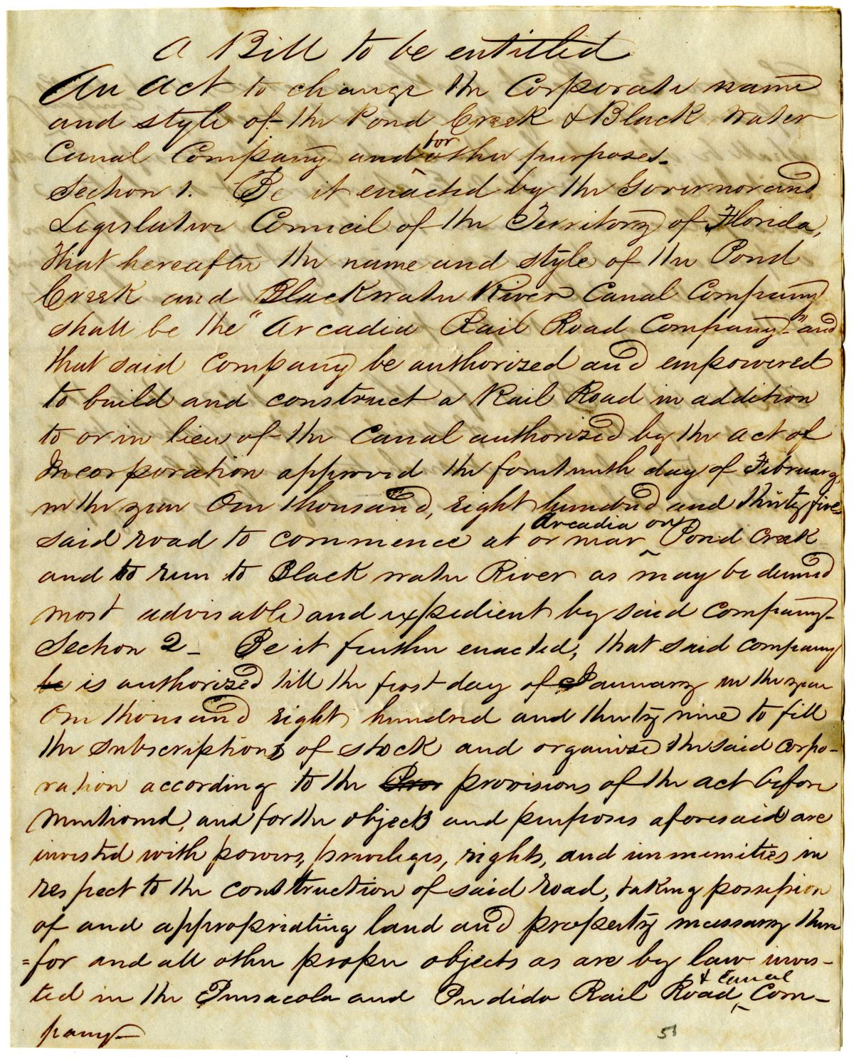 Draft of an Act to Change the Name of the Pond Creek & Black Water River Canal Company, 1838