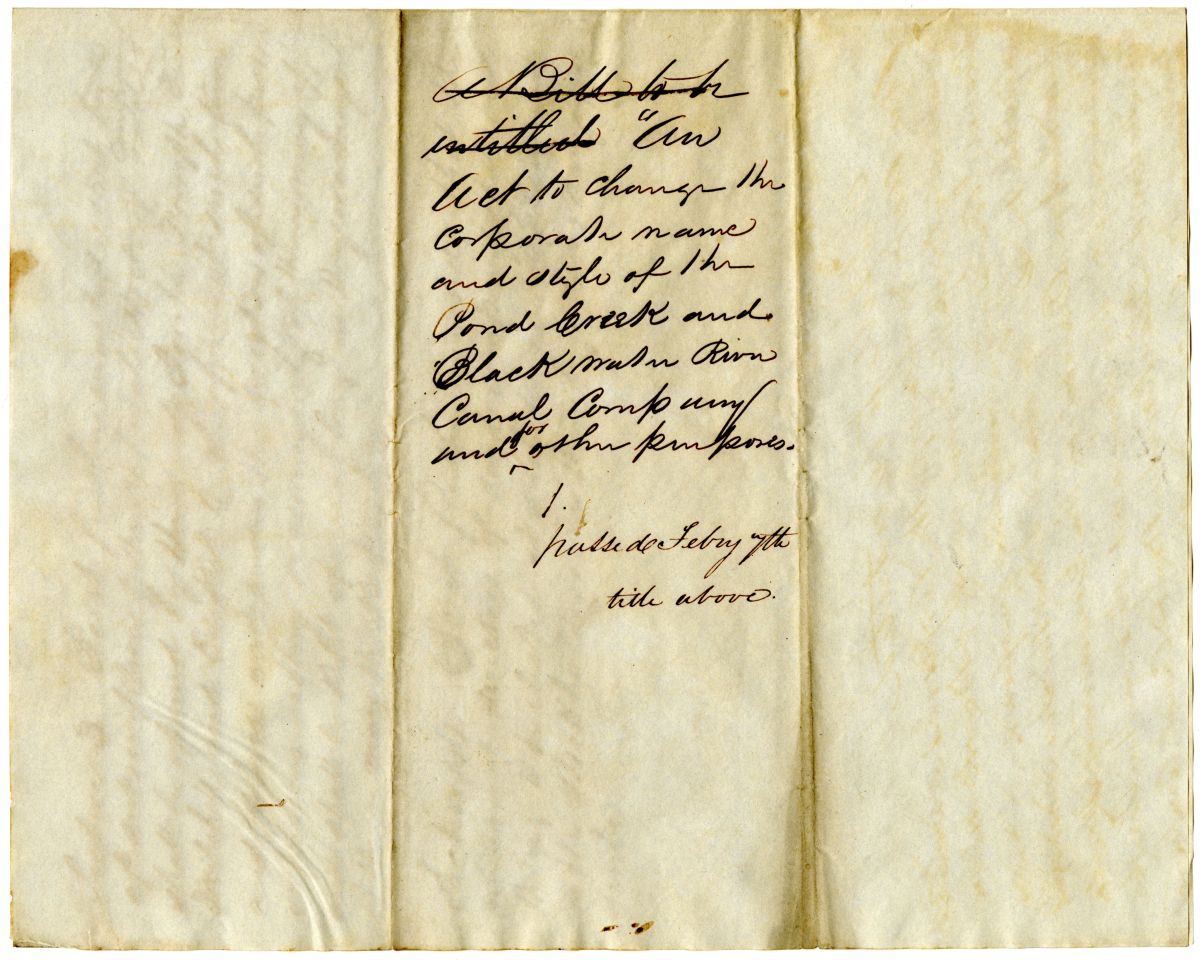 Draft of an Act to Change the Name of the Pond Creek & Black Water River Canal Company, 1838