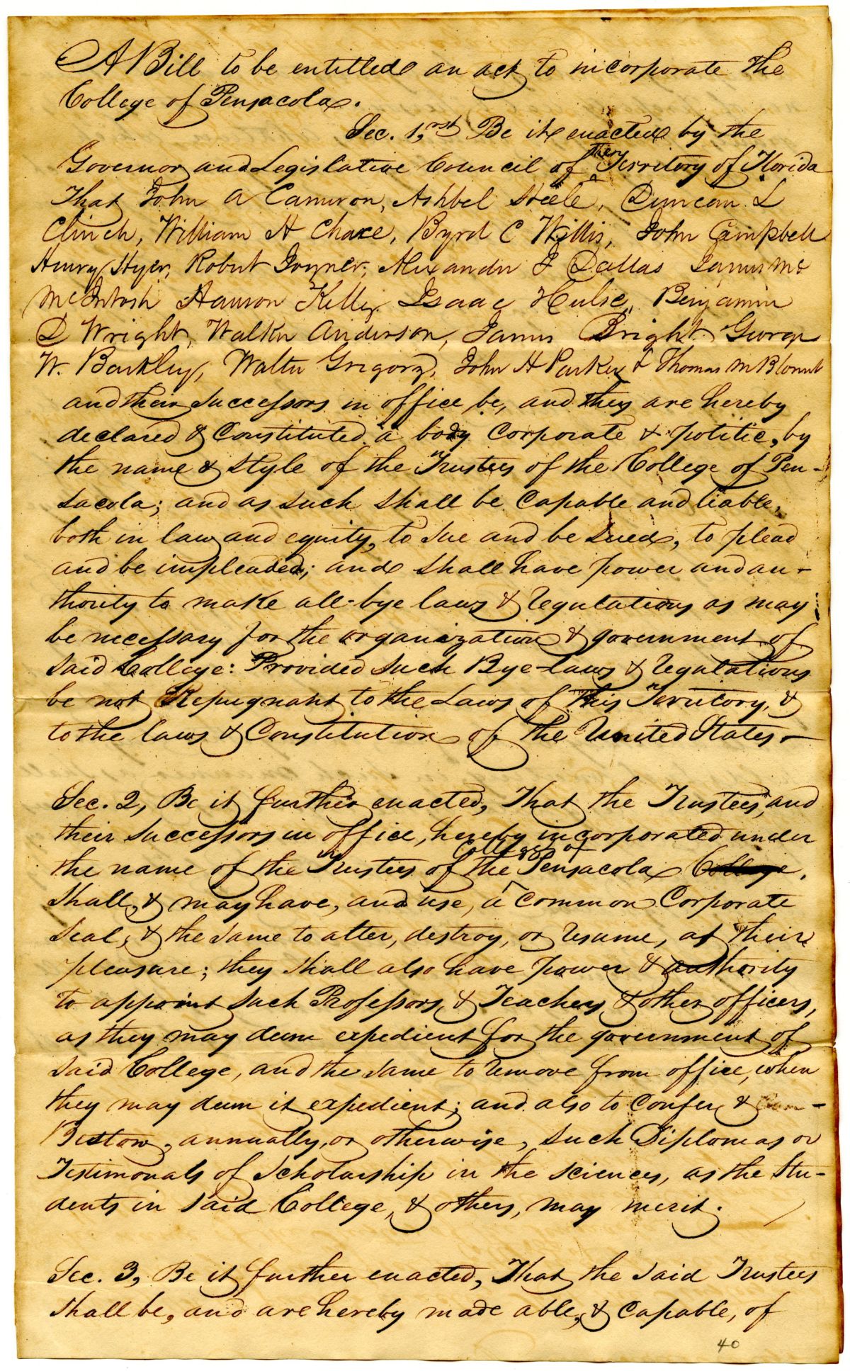 Draft of an Act to Incorporate the College of Pensacola, 1834