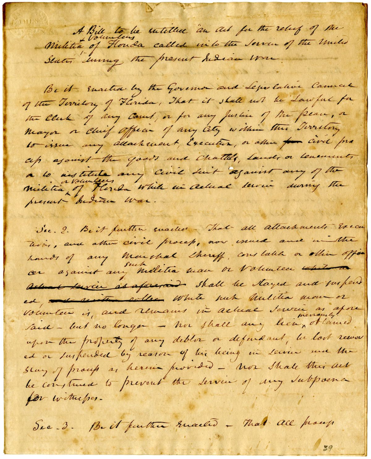 Draft of an Act for the Relief of the Militia Called into the Service of the United States During the Present Indian War, 1836