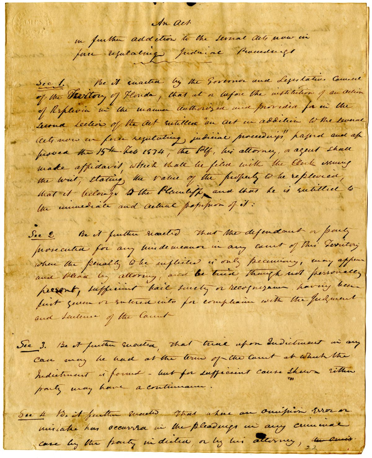 Draft of an Act in Addition to the Several Acts Now in Force Relating to Judicial Proceedings, 1836