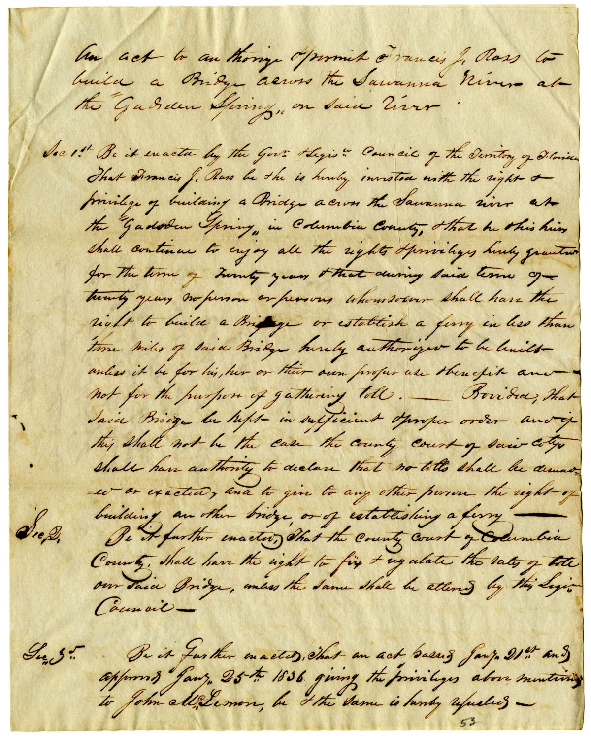 Draft of an Act to Authorize Francis J. Ross to Build a Bridge Across the Suwannee River at the Gadsden Spring, 1837