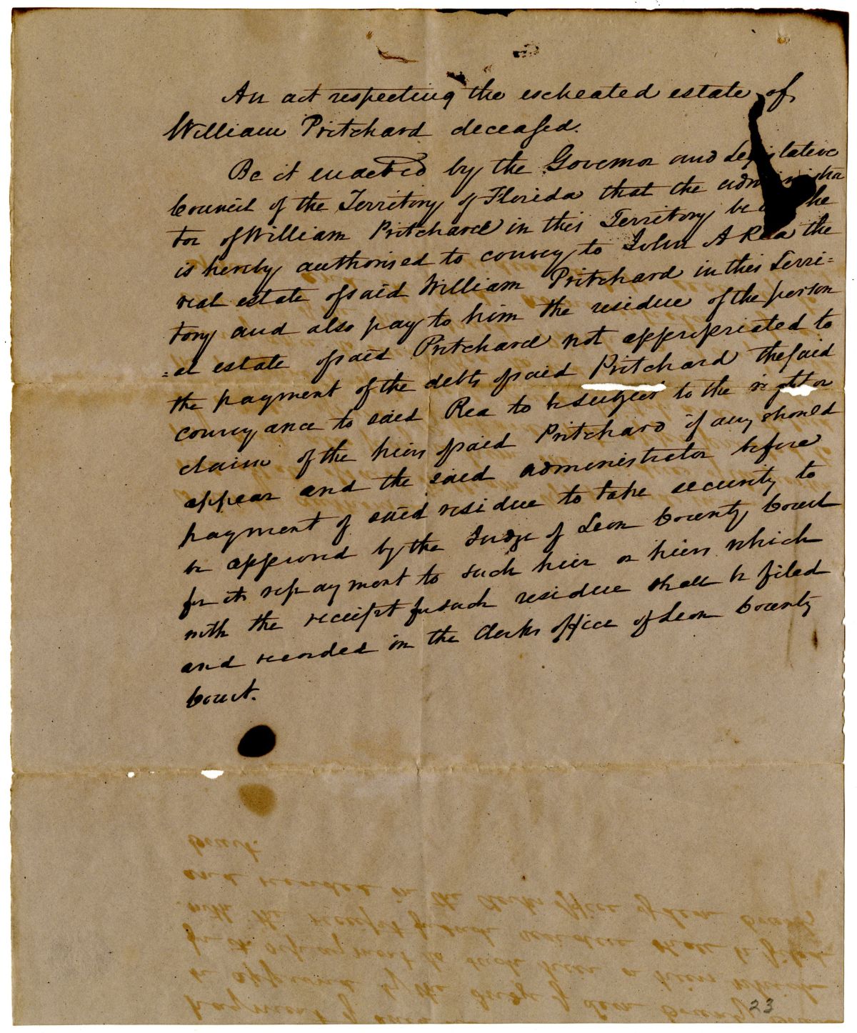 Draft of an Act Respecting the Escheated Estate of William Pritchard, 1836