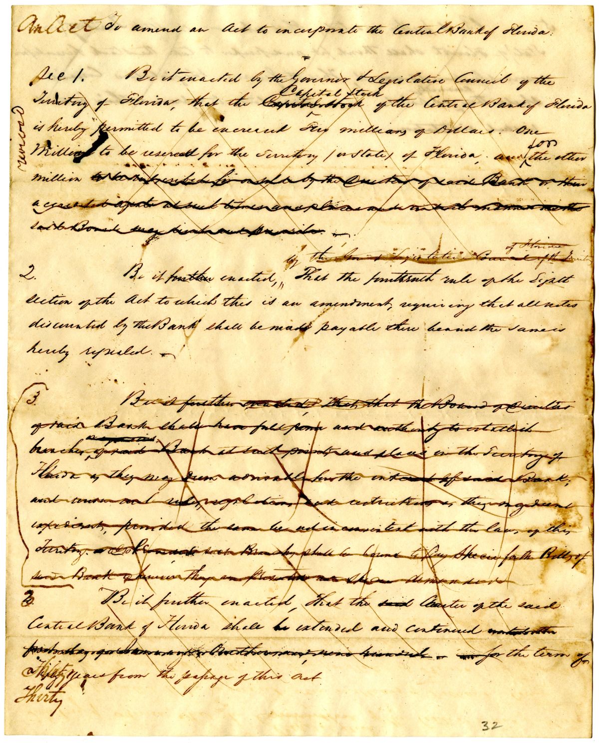 Draft of an Act to Amend an Act to Incorporate the Central Bank of Florida, 1837