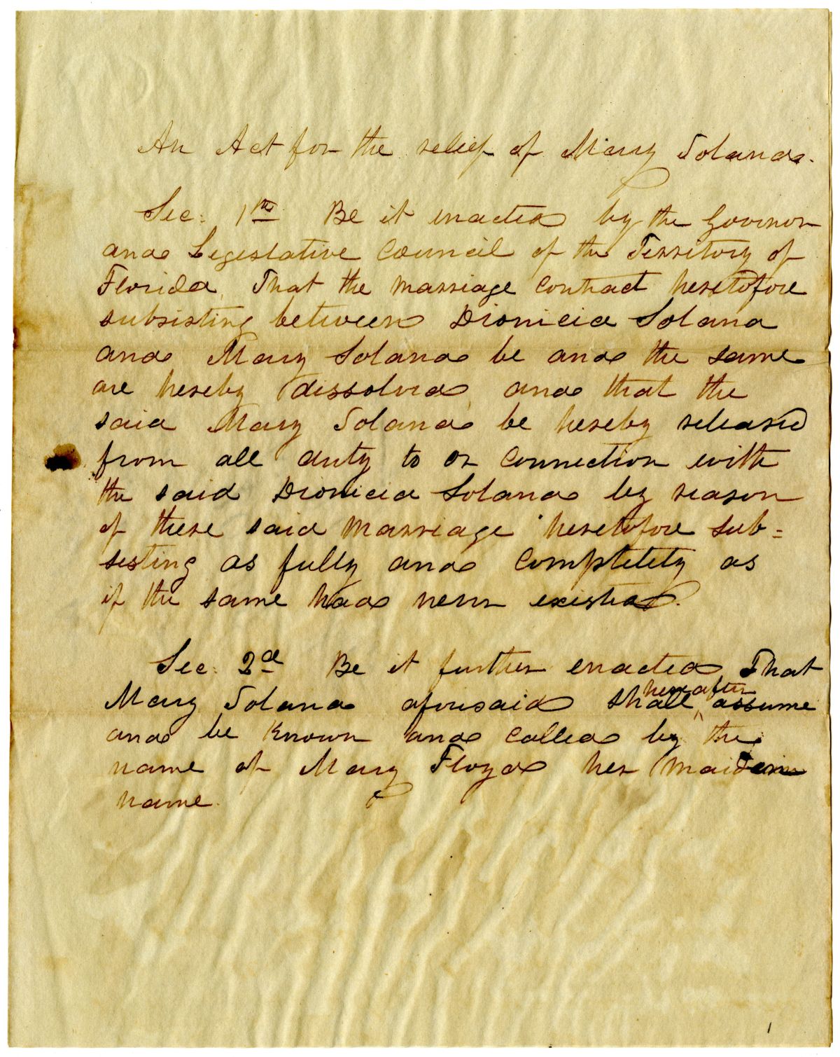 Draft of an Act for the Relief of Mary Solana, 1837