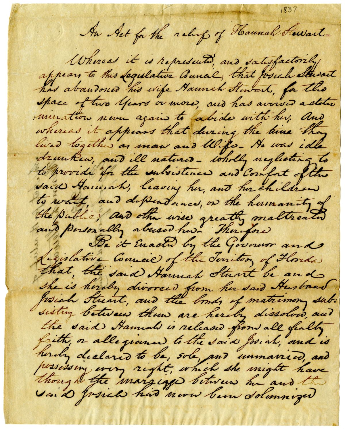 Draft of an Act for the Relief of Hannah Stewart, circa 1836