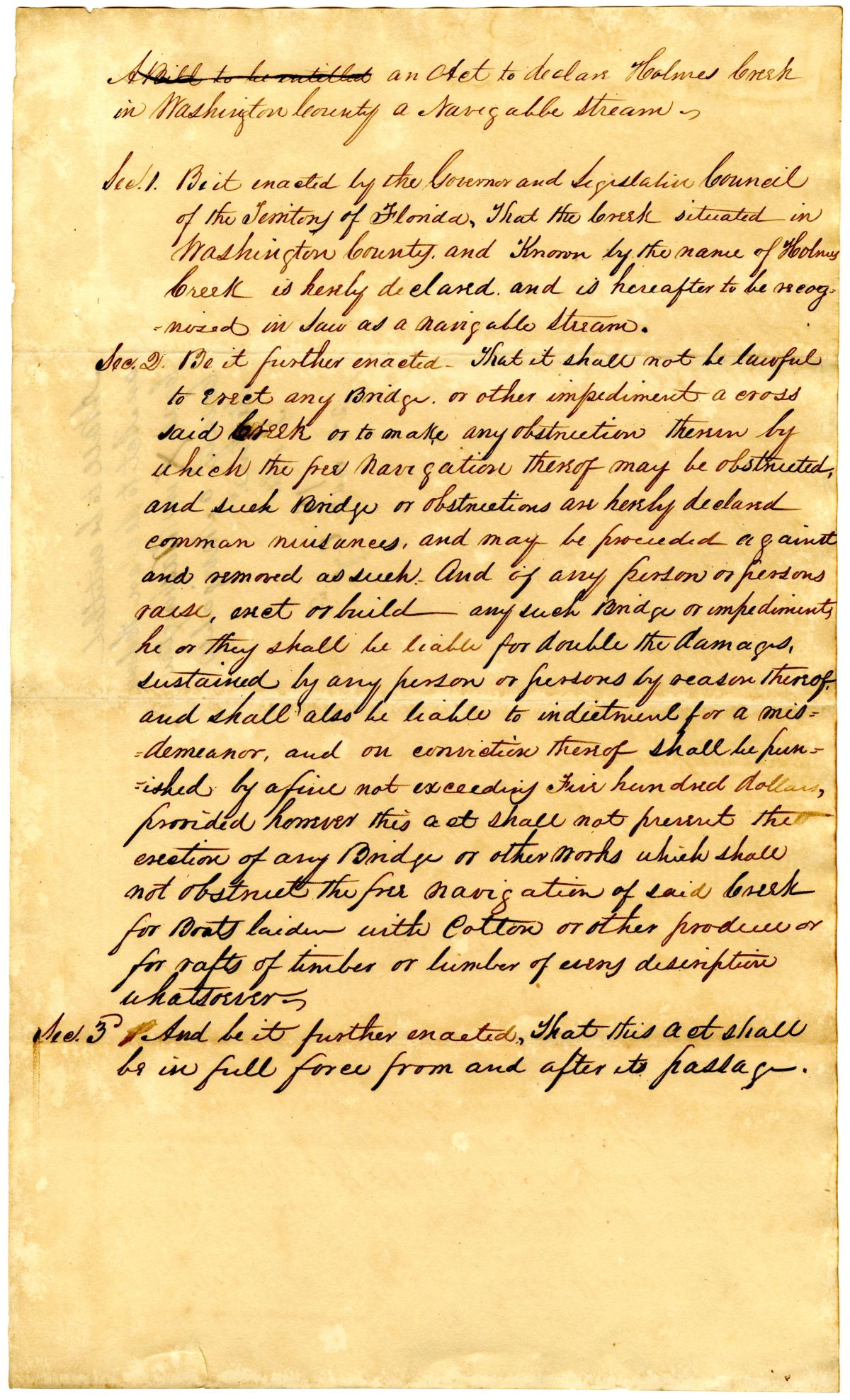 Draft of an Act to Declare Holmes Creek in Washington County a Navigable Stream, 1837