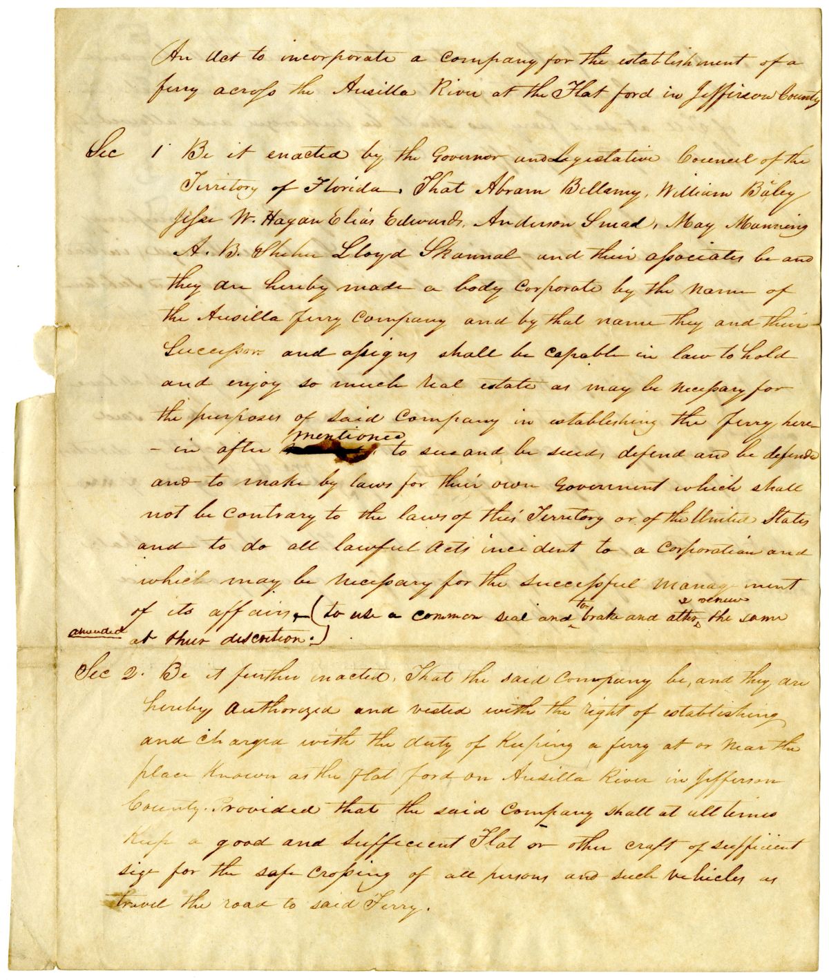 Draft of an Act to Incorporate a Company for the Establishment of a Ferry Across the Aucilla River, 1837