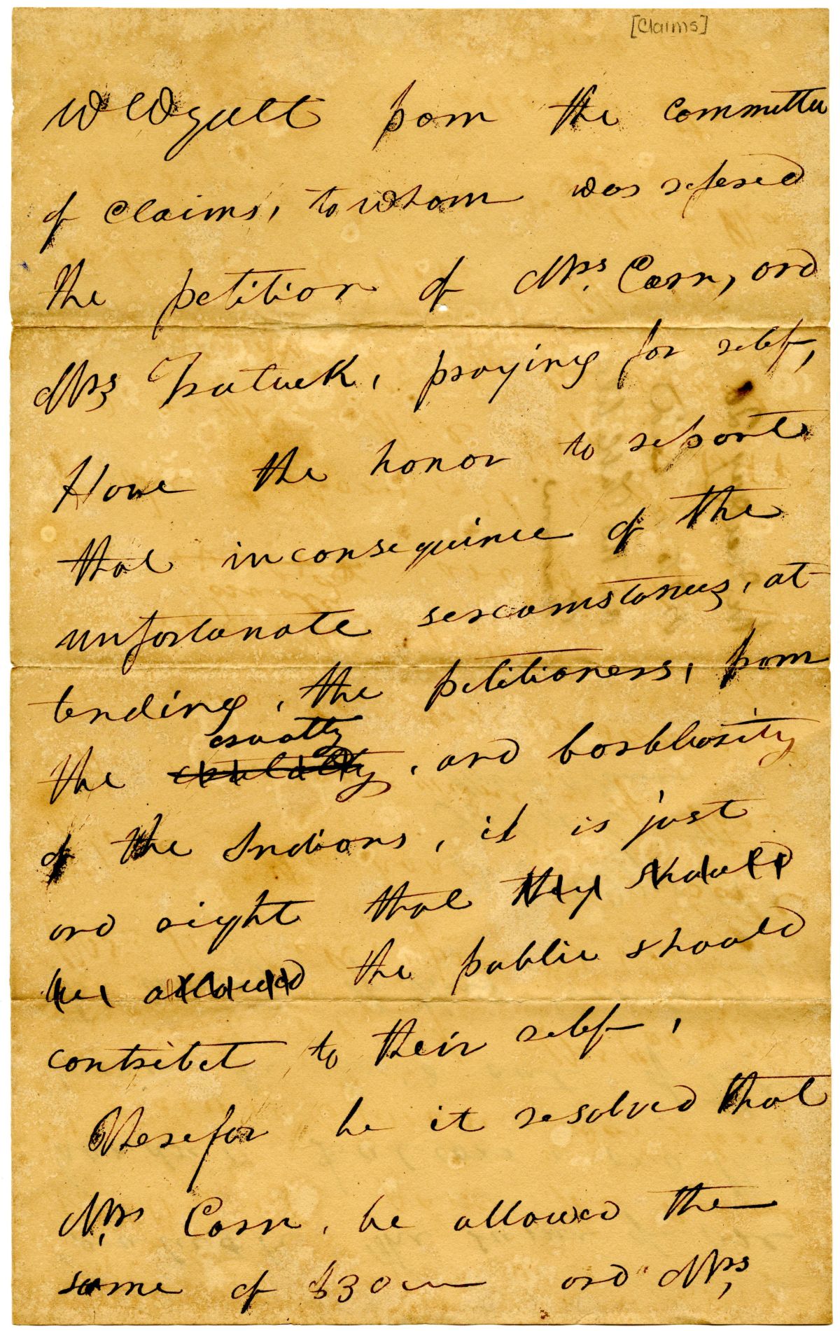 Report of the Committee on Claims Concerning a Relief Petition, circa 1830