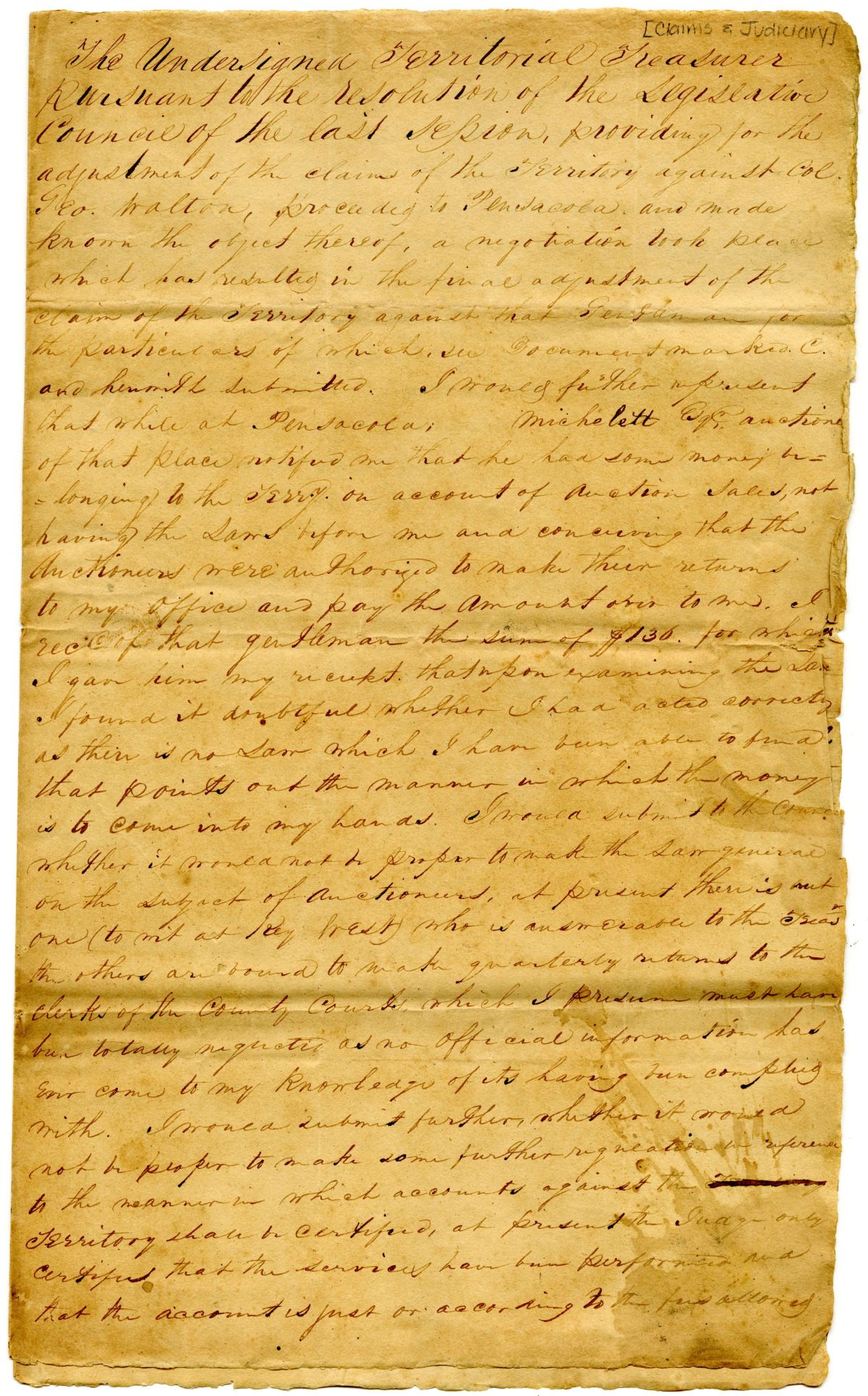 Report of Territorial Treasurer Davis Floyd Concerning Colonel George Walton, circa 1837