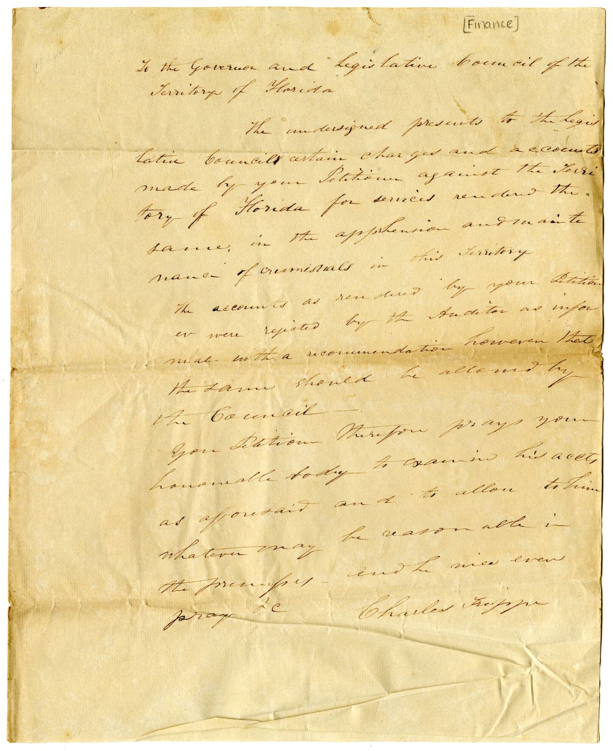 Petition of Charles Trippe Requesting Compensation for Apprehending Criminals, circa 1834