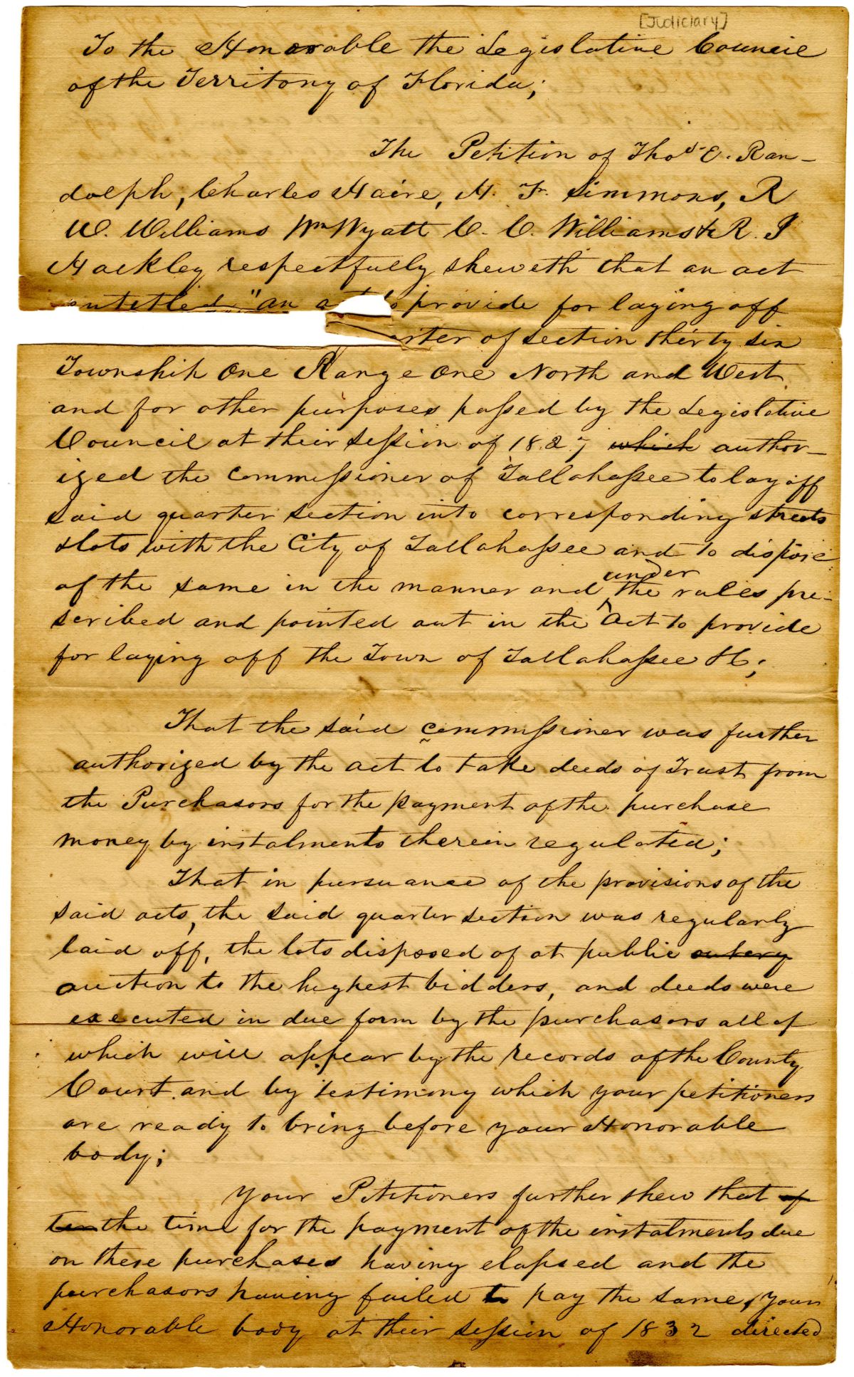 Petition of Citizens Requesting the Passage of a Law Confirming Their Titles to Lots in Tallahassee, 1837