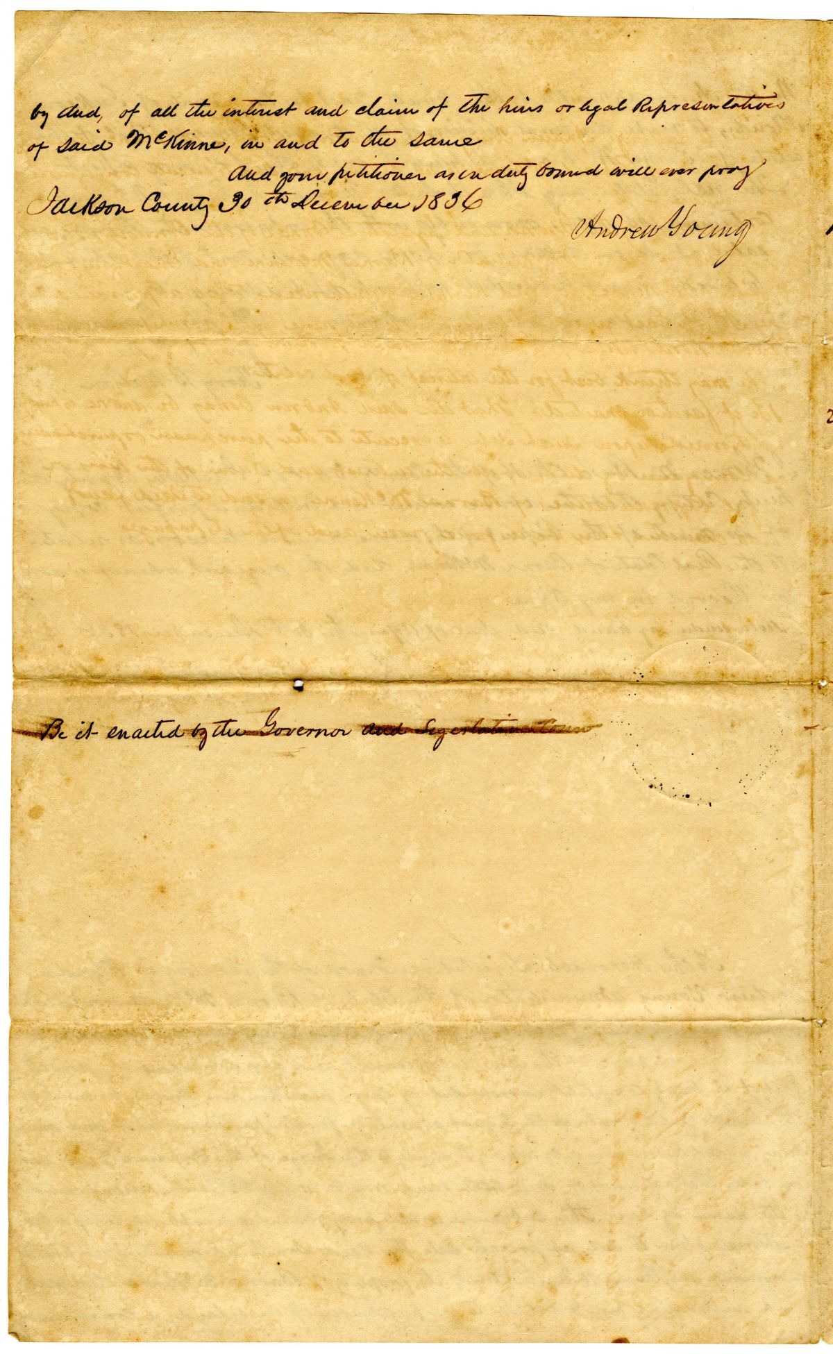 Petition of Andrew Young Requesting to Sell Land Belonging to the Estate of Barna McKinne with Draft of an Act Authorizing the Same, 1836