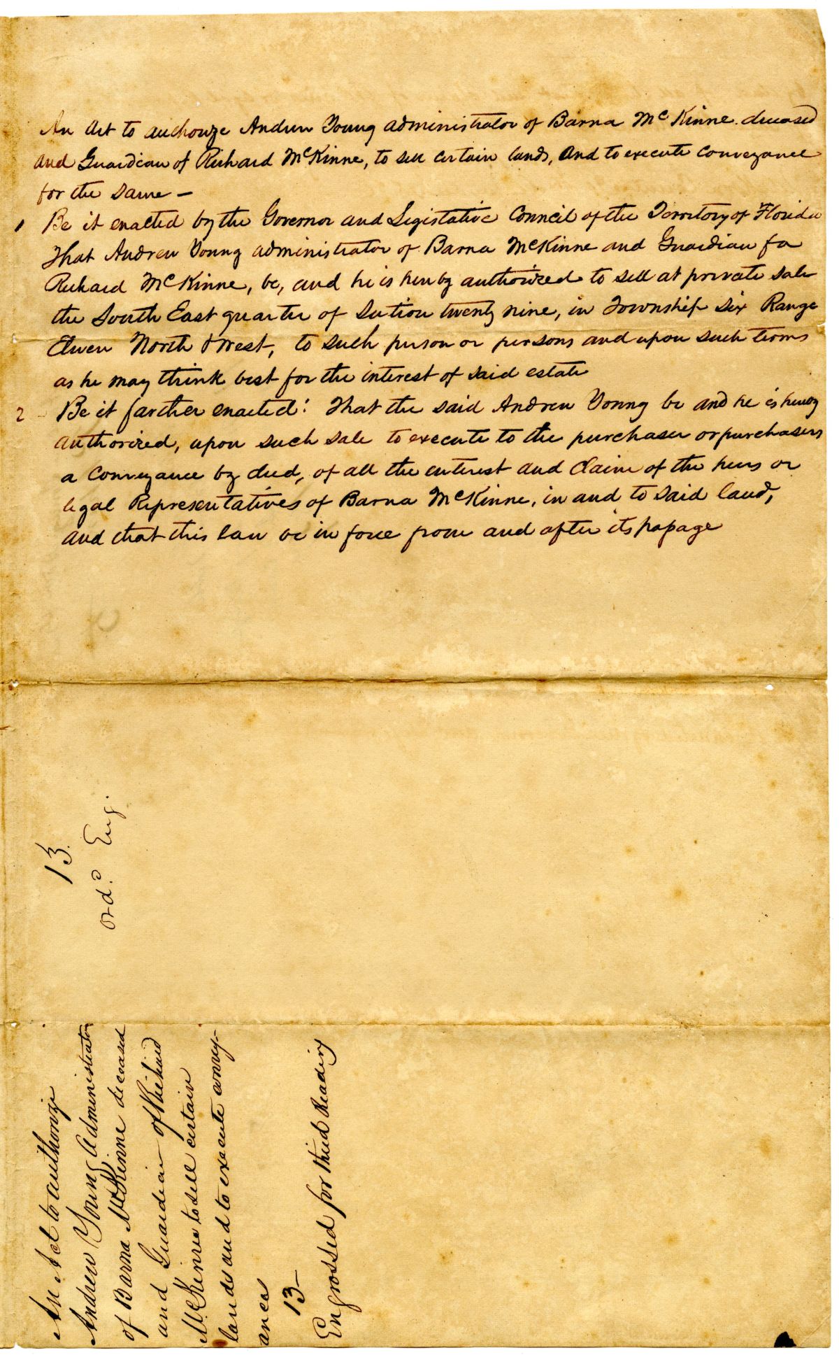 Petition of Andrew Young Requesting to Sell Land Belonging to the Estate of Barna McKinne with Draft of an Act Authorizing the Same, 1836