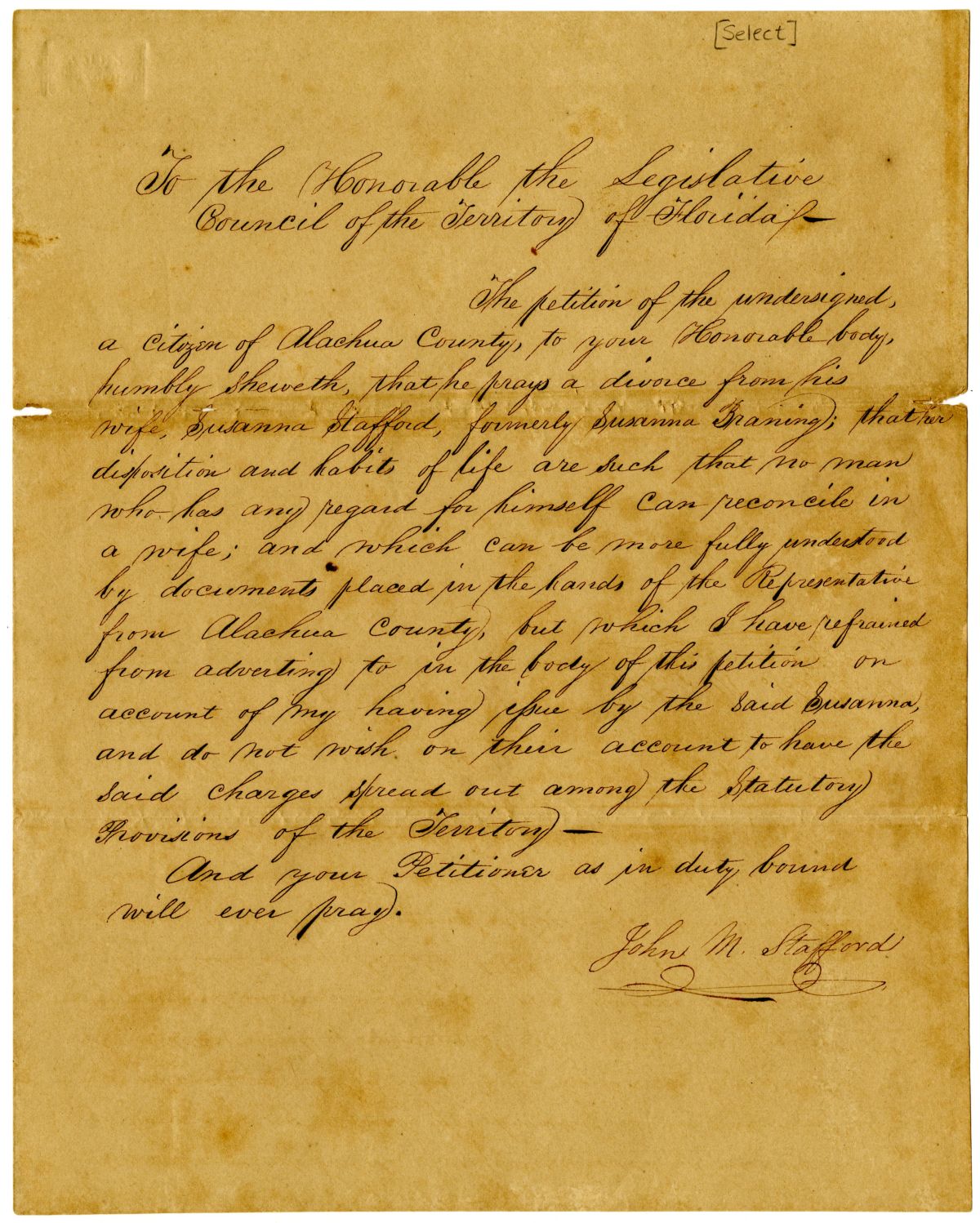 Divorce Petition of John M. Stafford, 1838