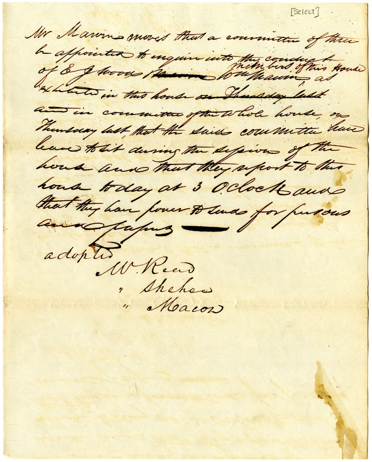 Motion to Form a Committee to Investigate the Conduct of Members of the Territorial Legislative Council, 1837