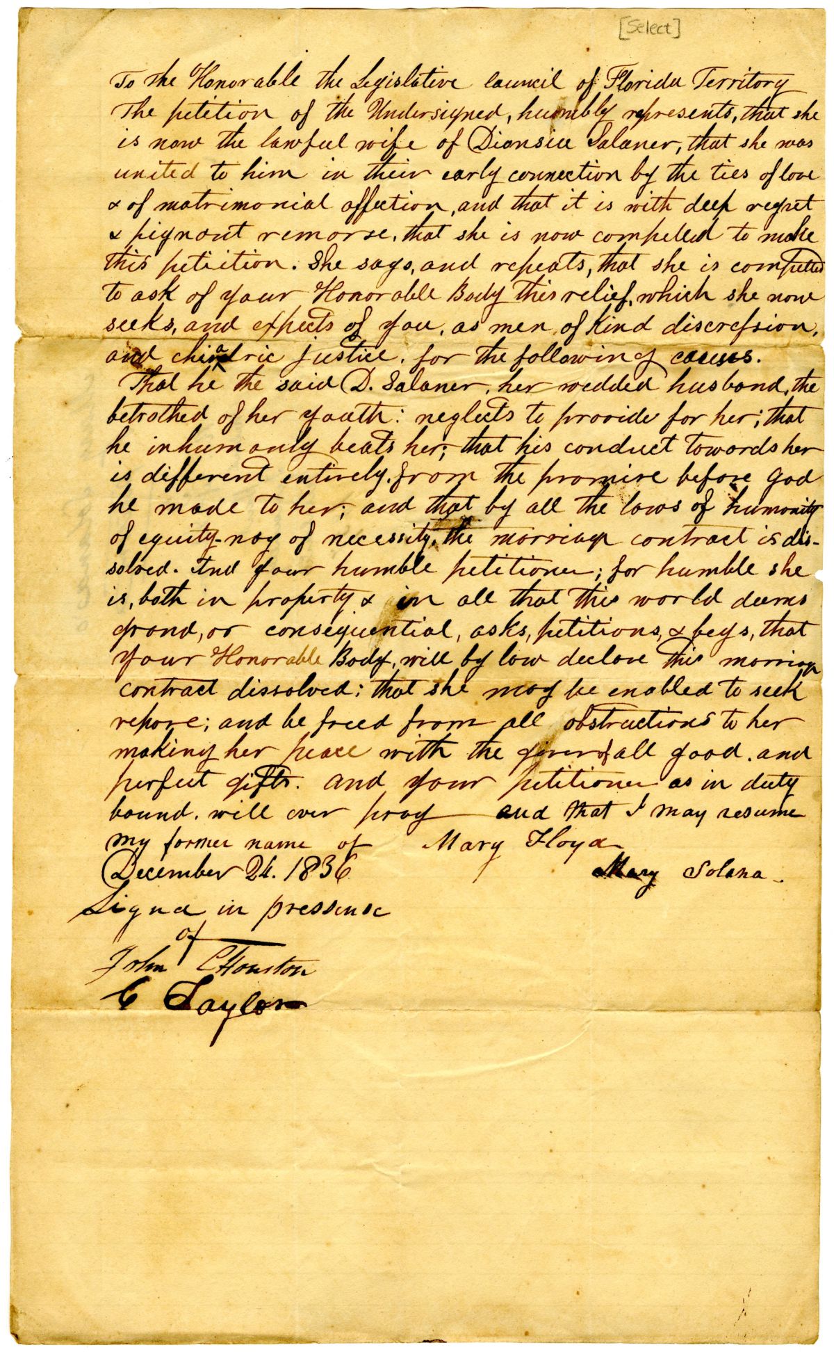 Divorce Petition of Mary Solana, 1836