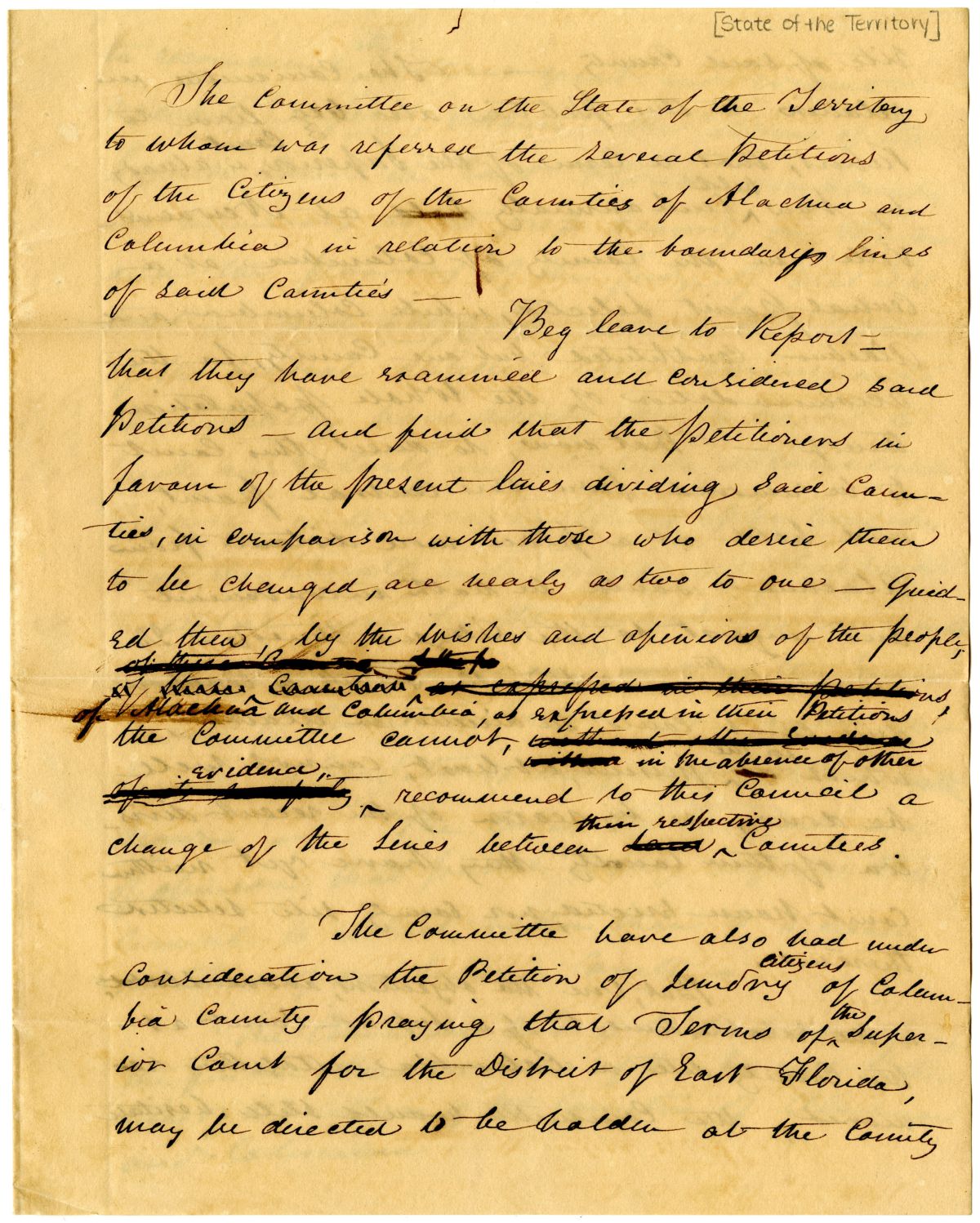 Report of the Committee on the State of the Territory Concerning Petitions of Citizens from Alachua and Columbia Counties, circa 1837