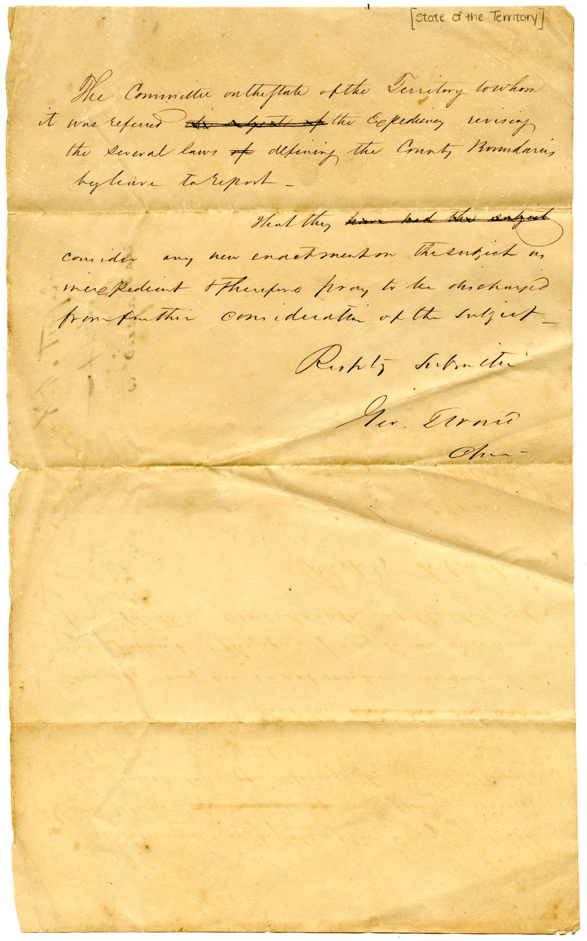 Report of the Committee on the State of the Territory Concerning County Boundaries, circa 1834