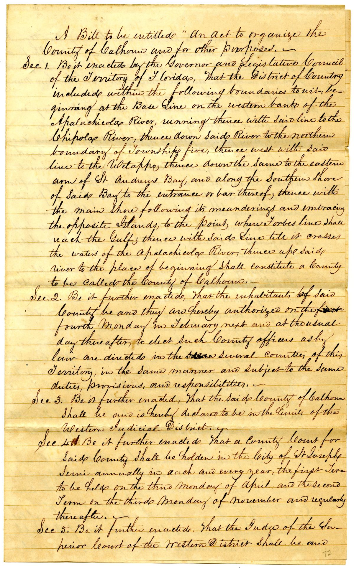 Draft of an Act to Organize the County of Calhoun and for Other Purposes, 1838