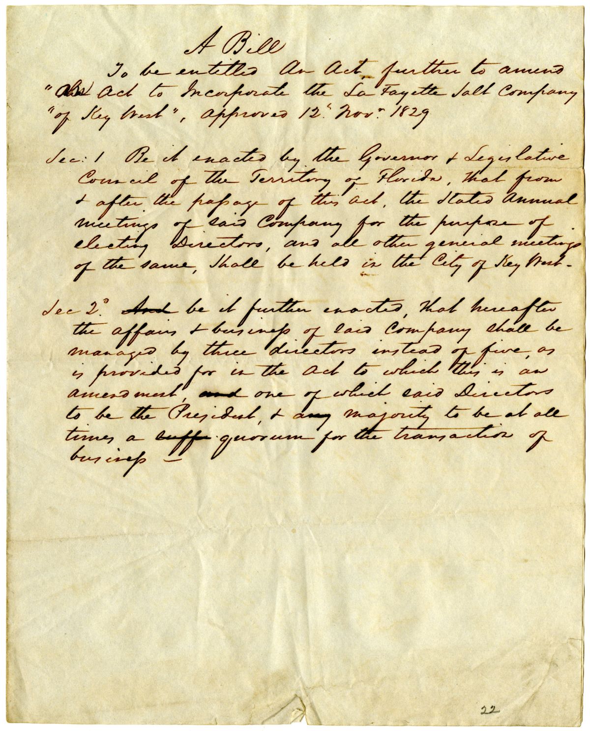 Draft of an Act to Amend an Act to Incorporate the La Fayette Salt Company, 1838