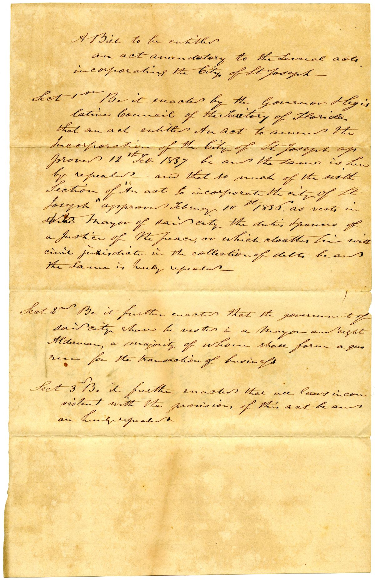 Draft of an Act Amendatory to the Several Acts Incorporating the City of Saint Joseph, 1838