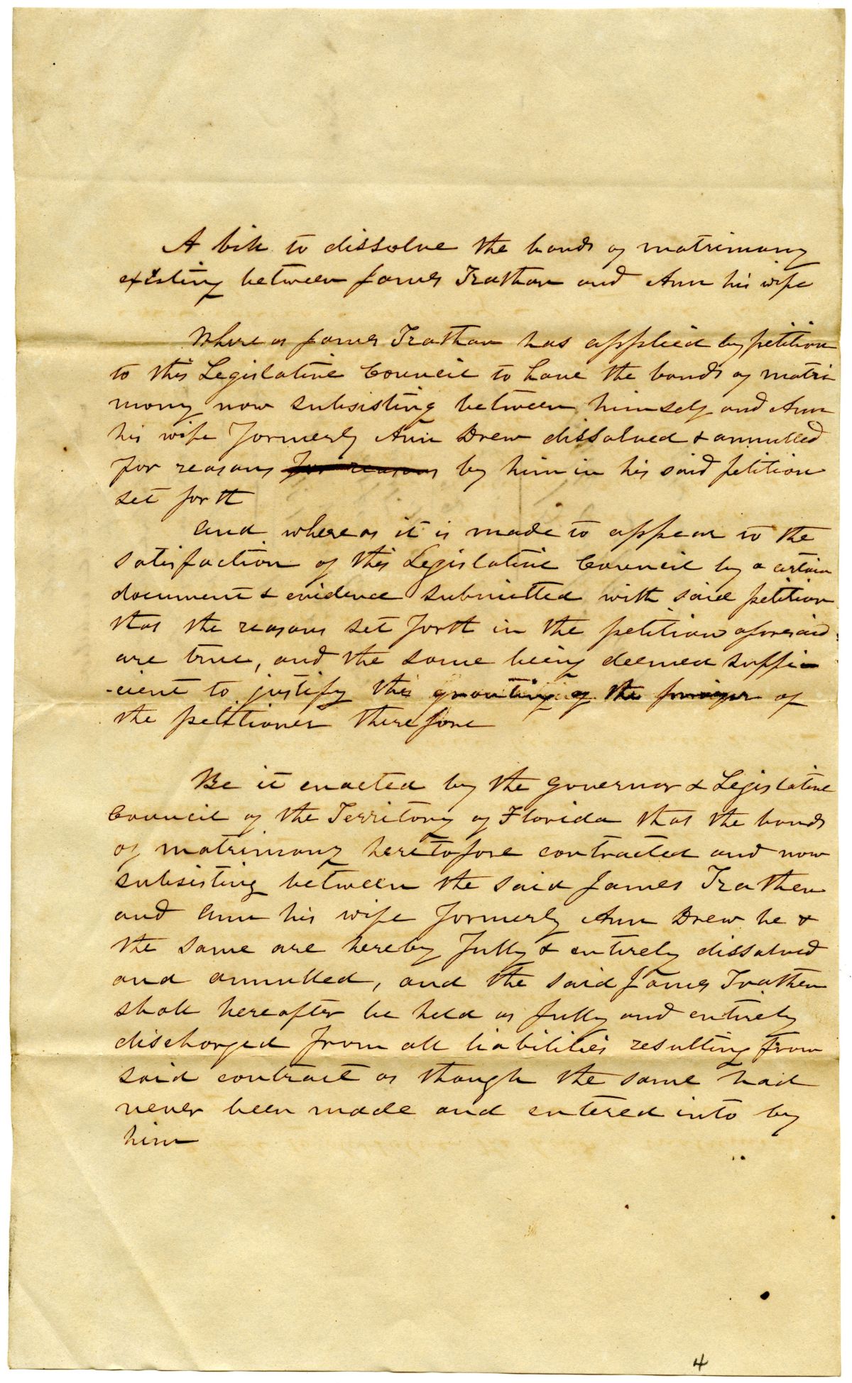 Draft of an Act to Dissolve the Bonds of Matrimony Between James Trathen and His Wife Ann, 1838