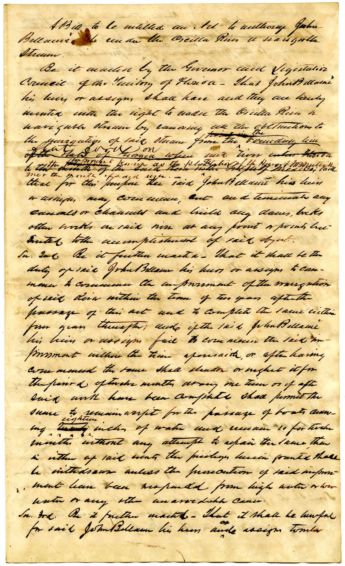 Draft of an Act to Authorize John Bellame to Render the Aucilla River Navigable, 1838