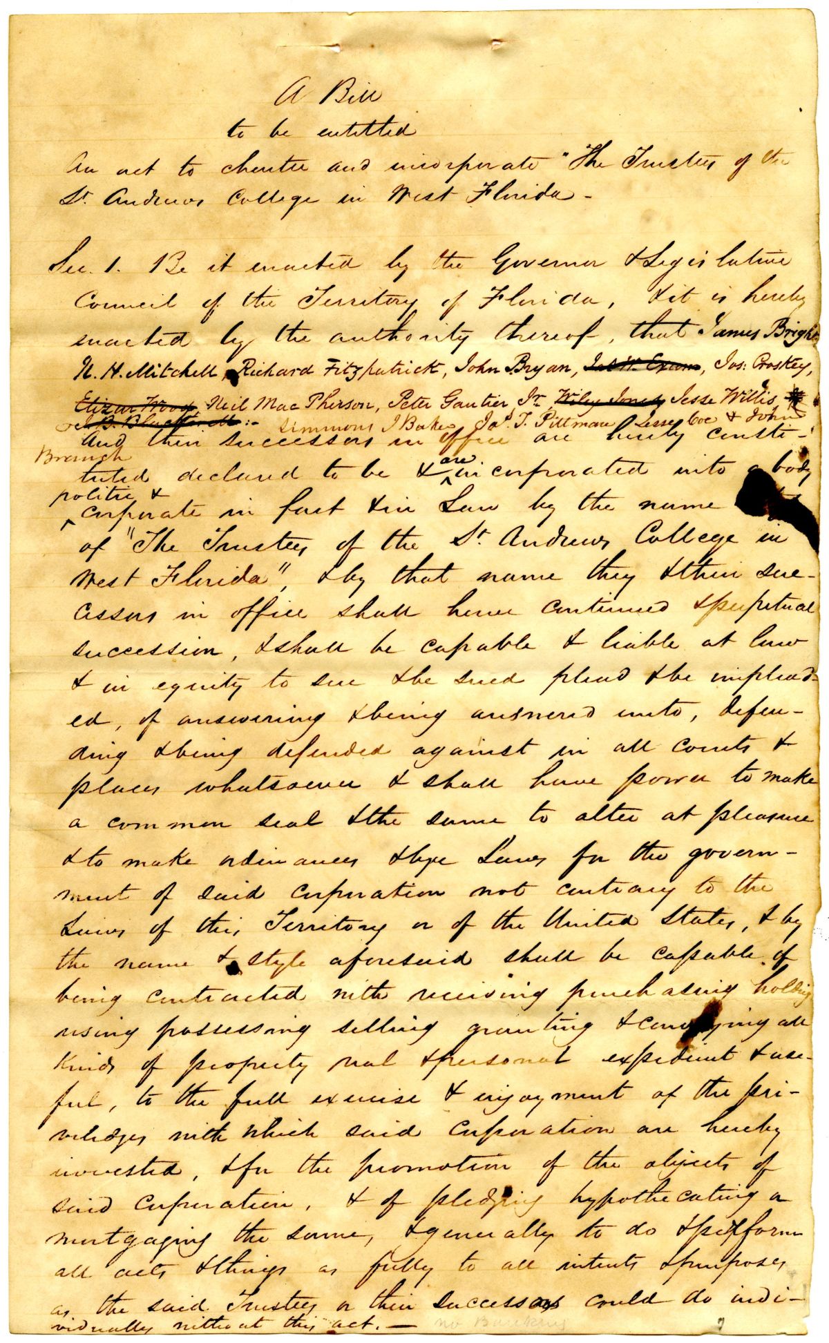 Draft of an Act to Charter and Incorporate the Trustees of the Saint Andrews College in West Florida, 1838