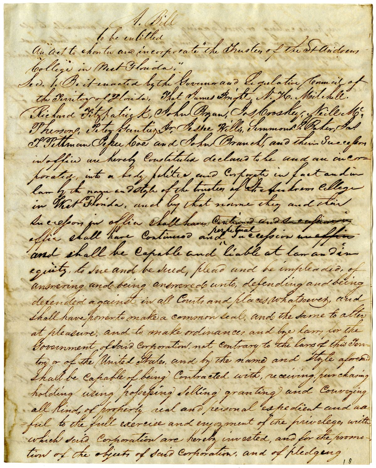 Draft of an Act to Charter and Incorporate the Trustees of the Saint Andrews College in West Florida, 1838