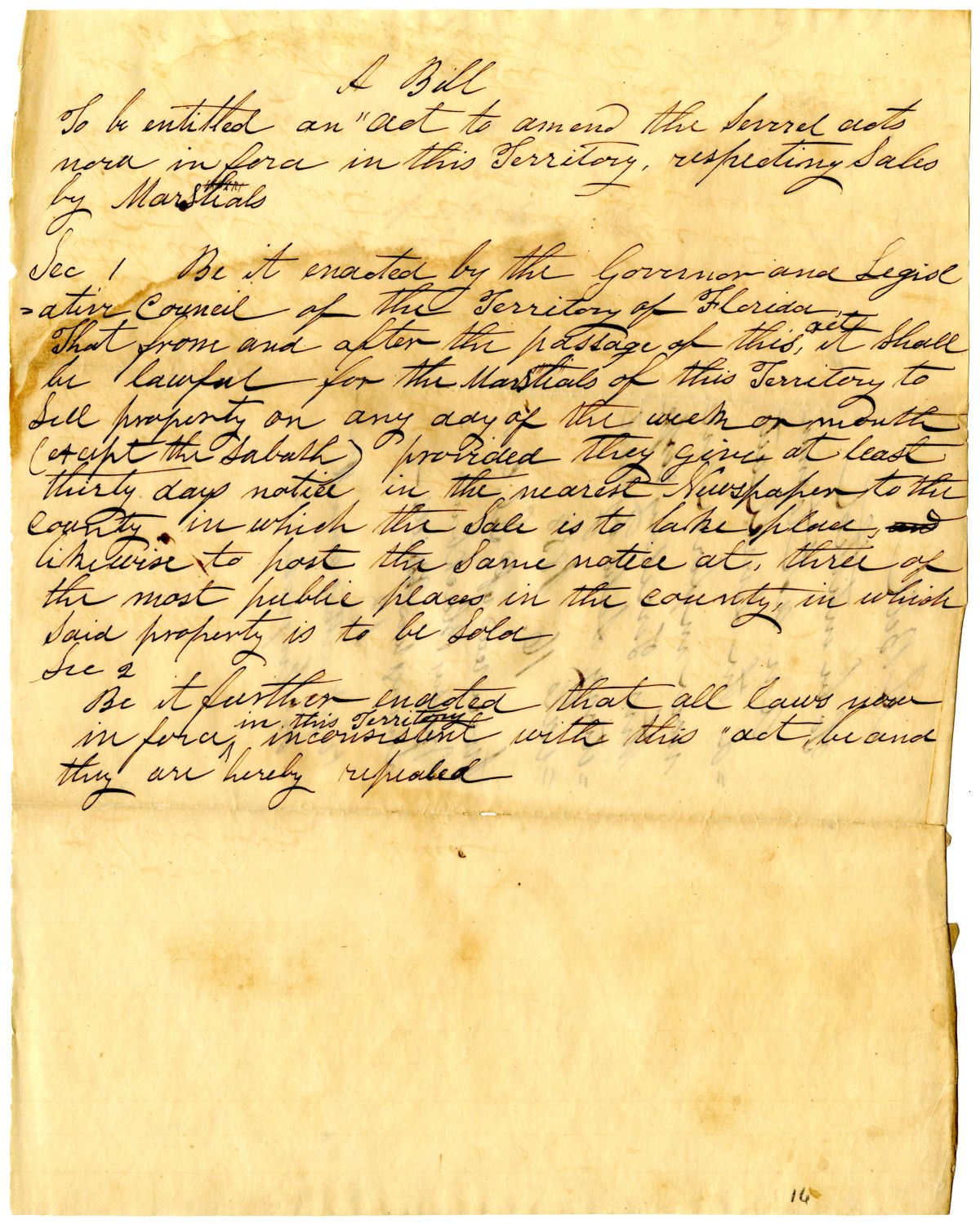 Draft of an Act to Amend the Several Acts Now in Force Respecting Sales by Marshals, 1838