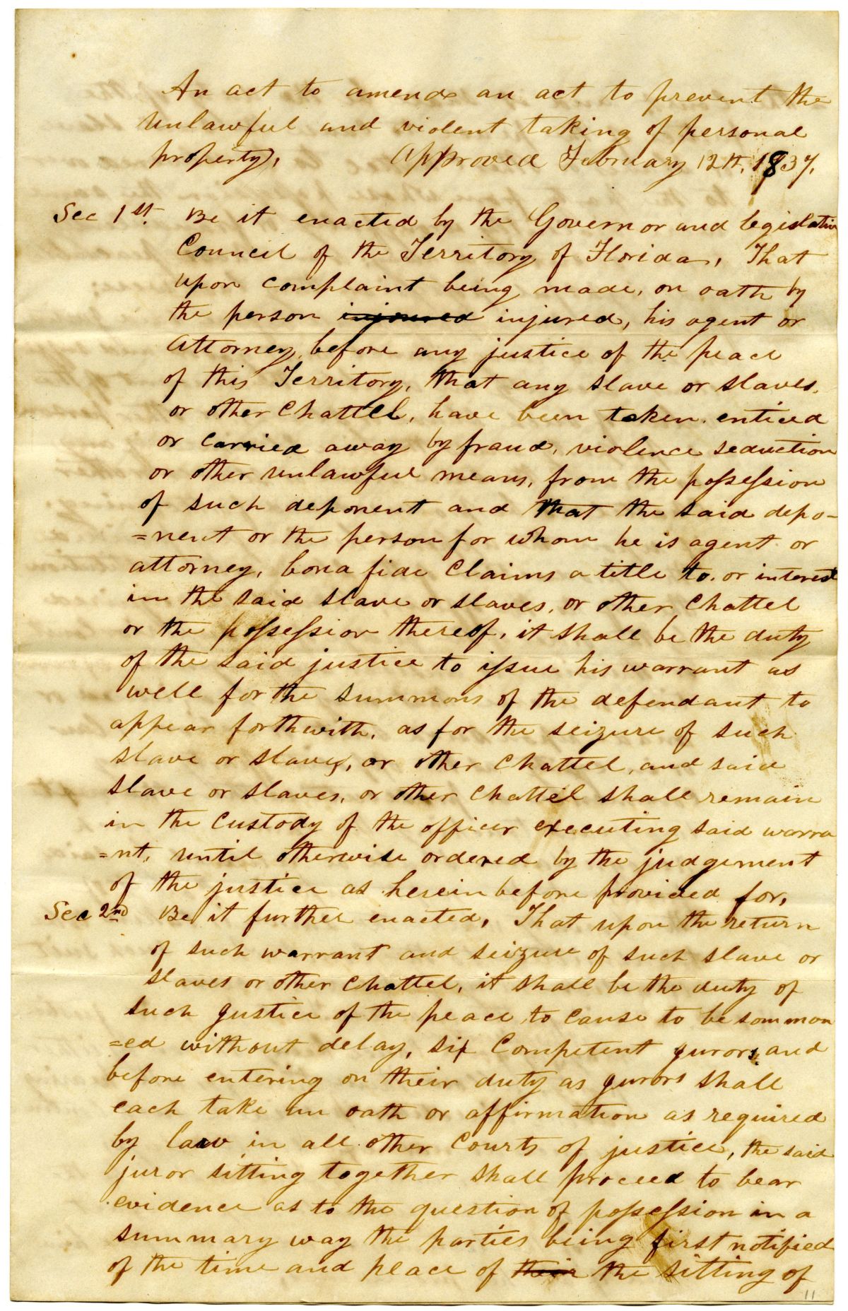 Draft of an Act to Amend an Act to Prevent the Unlawful and Violent Taking of Personal Property, circa 1837