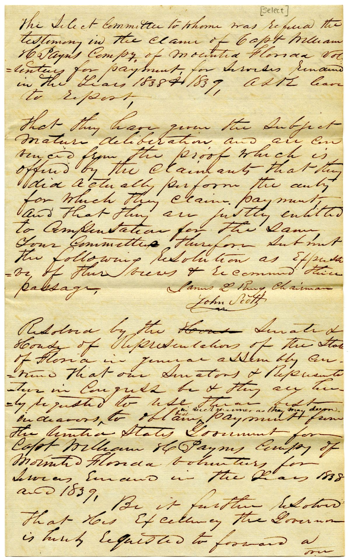 Report of the Select Committee Concerning the Claim of Captain William H. Payne's Company, circa 1847