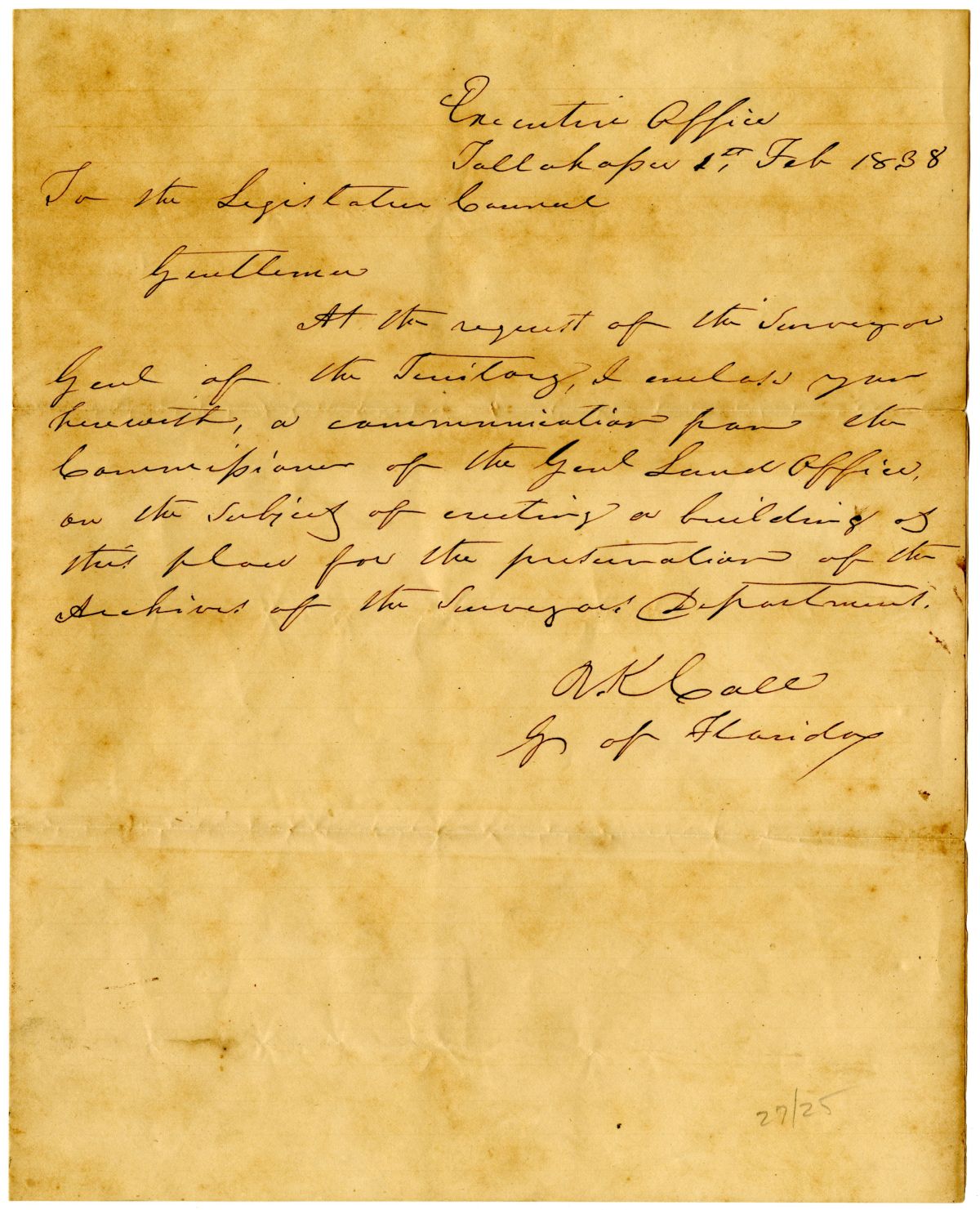 Letter from Governor Richard Keith Call to the Territorial Legislative Council Concerning Surveying Records, 1838