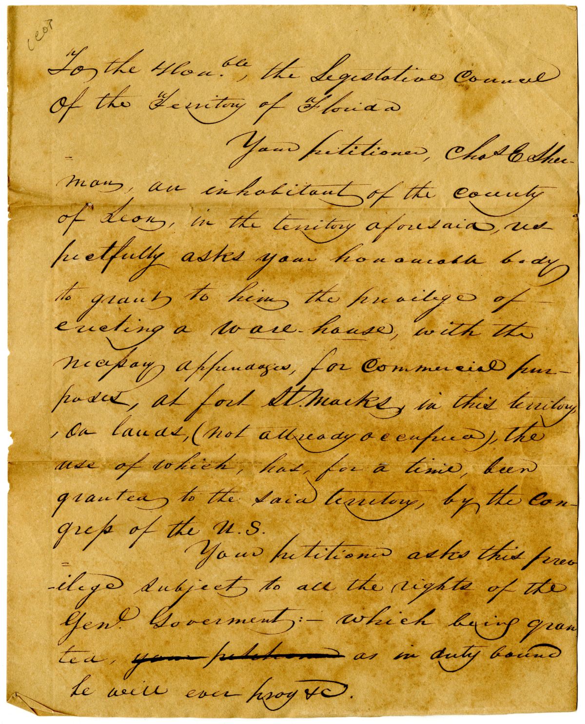 Petition of Charles E. Sherman Requesting to Build a Warehouse at Saint Marks, circa 1837