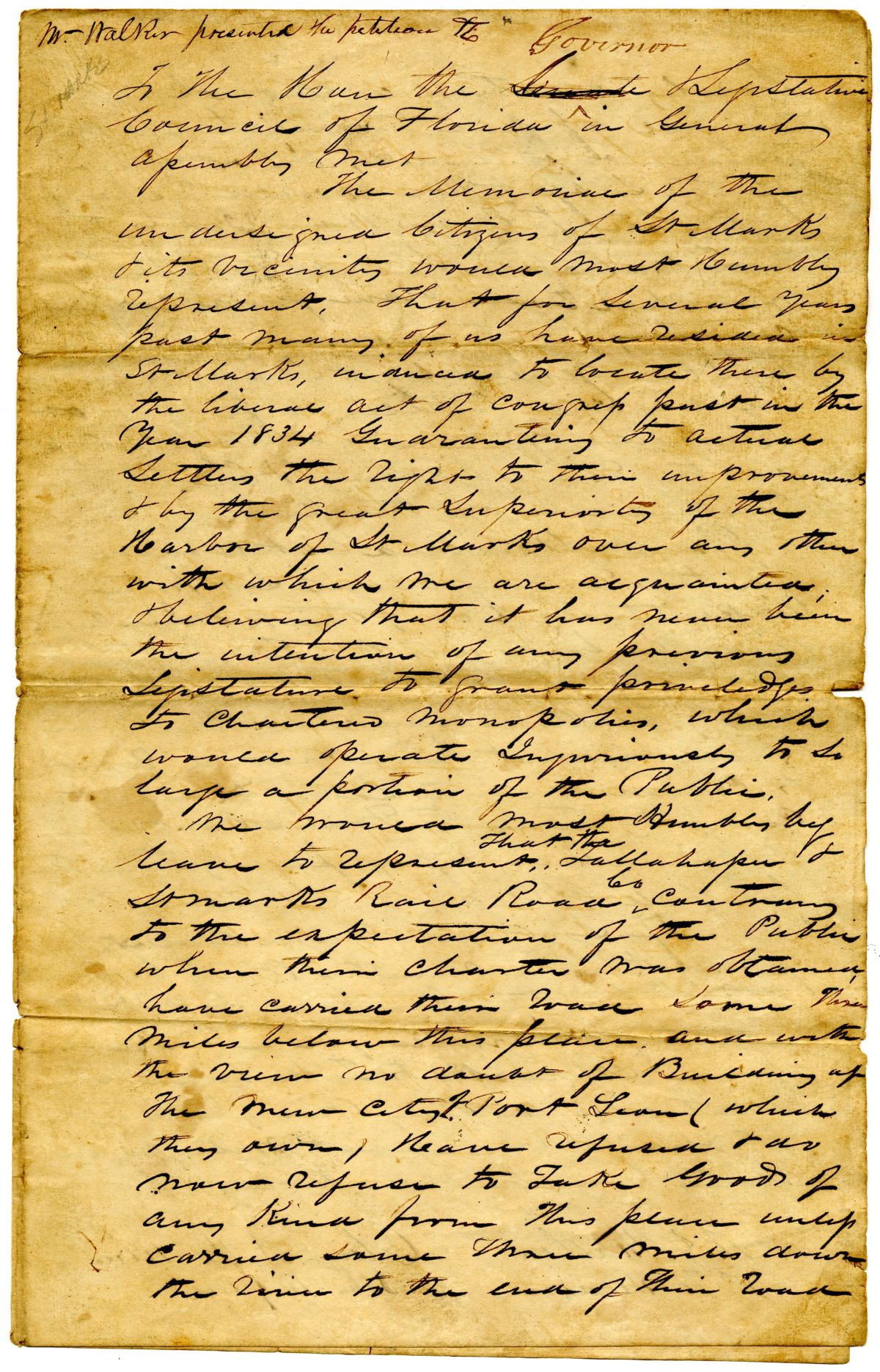 Petition of Citizens of Saint Marks Concerning the Tallahassee and Saint Marks Railroad, circa 1839