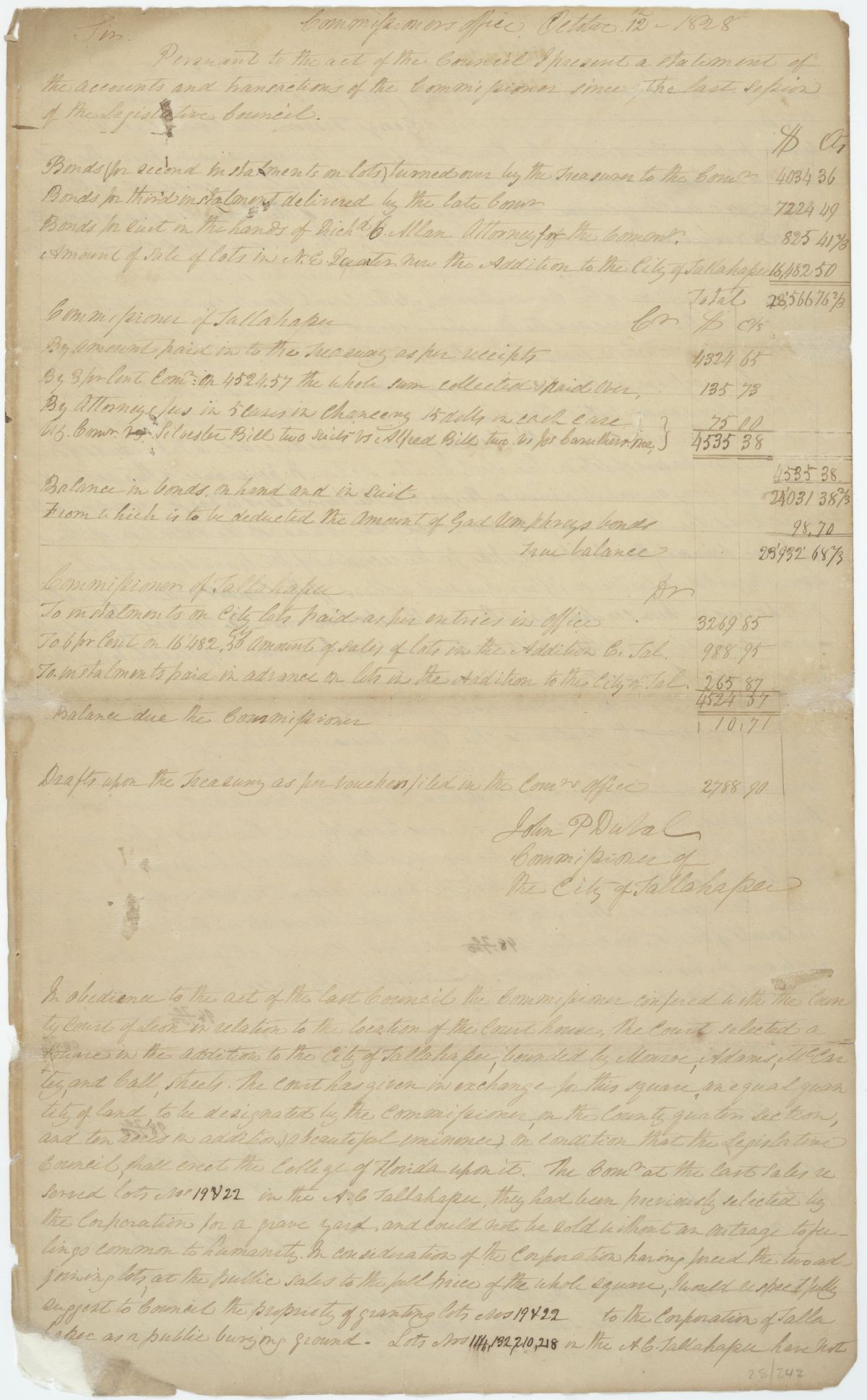 Report and Accounts of John Pope DuVal, Commissioner of Tallahassee, 1828