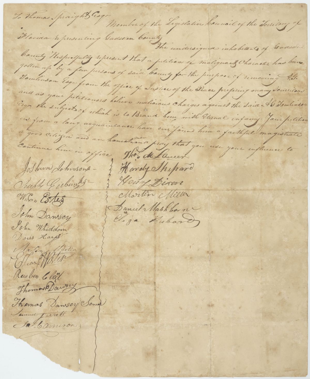 Petition from Citizens of Gadsden County to Territorial Legislative Council Member Thomas Speight Regarding A. G. Tomlinson, circa 1826